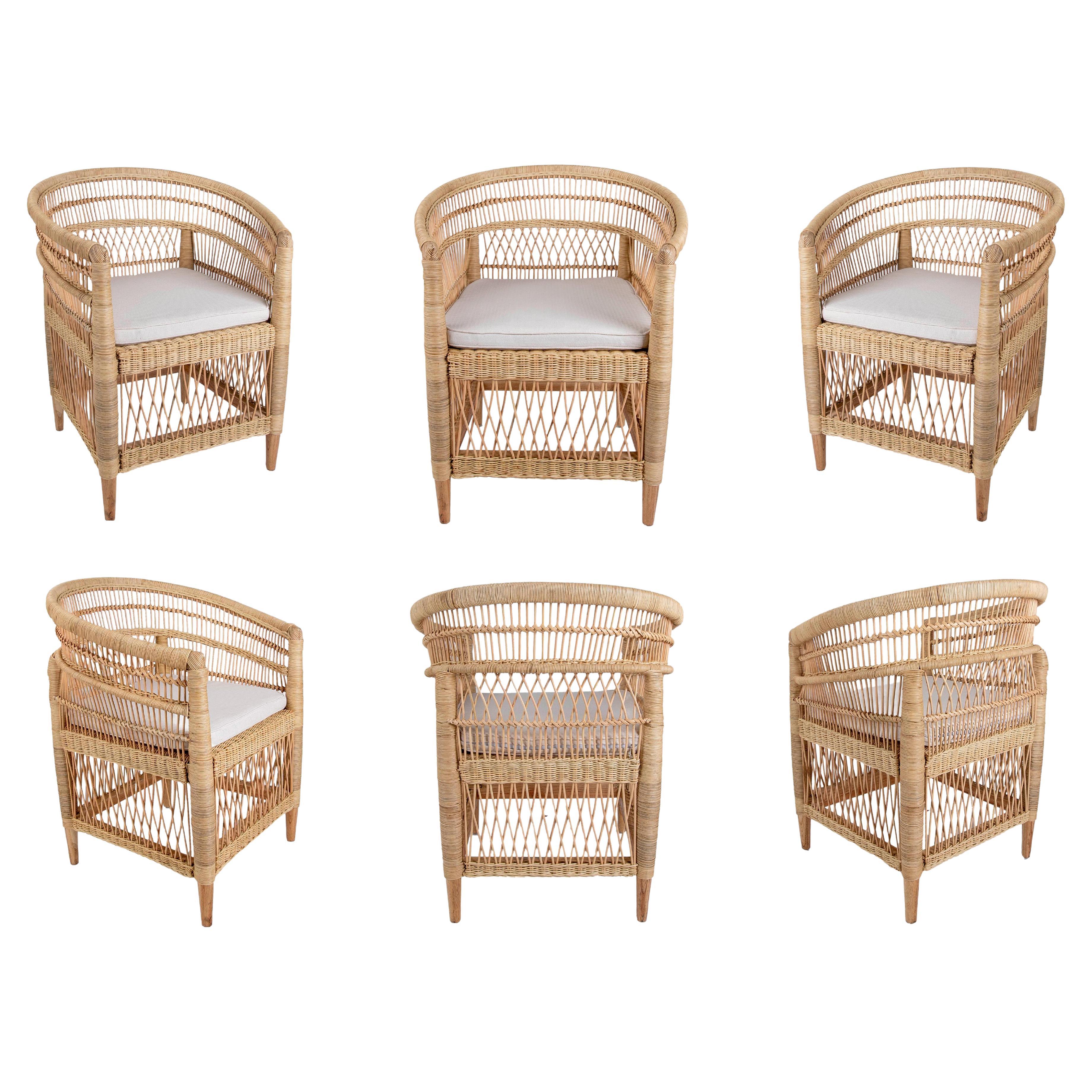 Set of Six Rattan and Wooden Armchairs with Beige Cushions