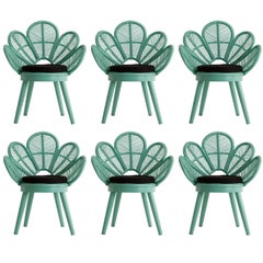 Set of Six Rattan and Wooden Azure Lacquered Armchairs