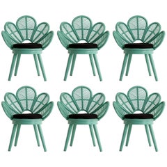 Set of Six Rattan and Wooden Azure Lacquered Armchairs