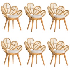 Set of Six Rattan and Wooden Flower Chairs