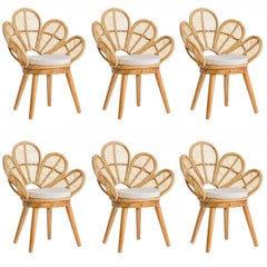 Set of Six Rattan and Wooden Flower Chairs
