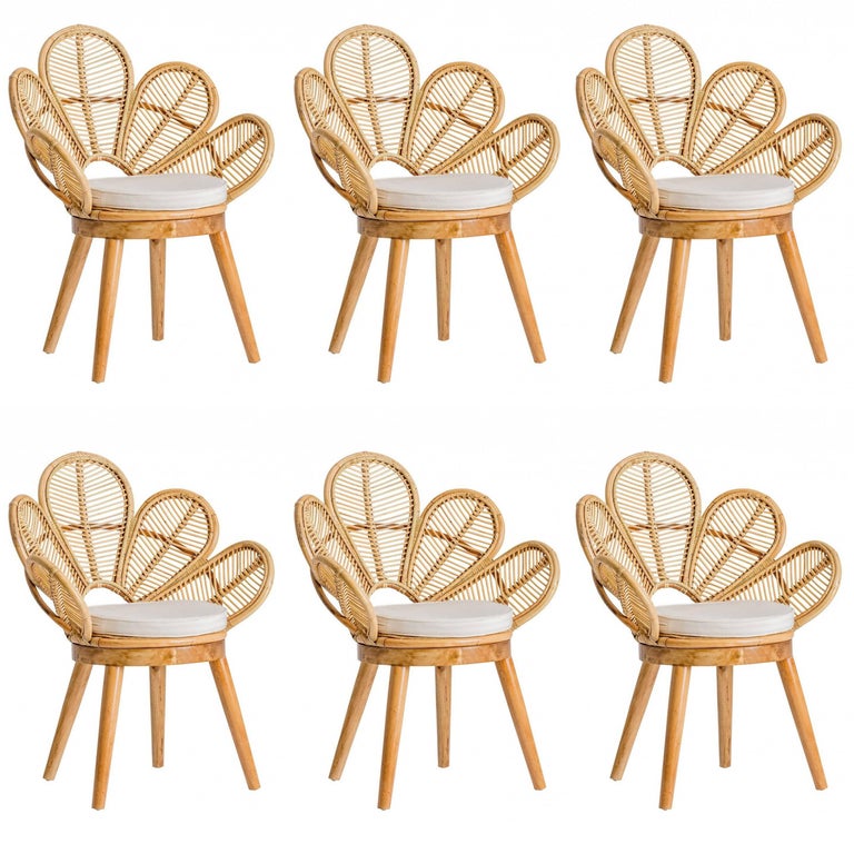 Set of Six Rattan and Wooden Flower Chairs at 1stDibs