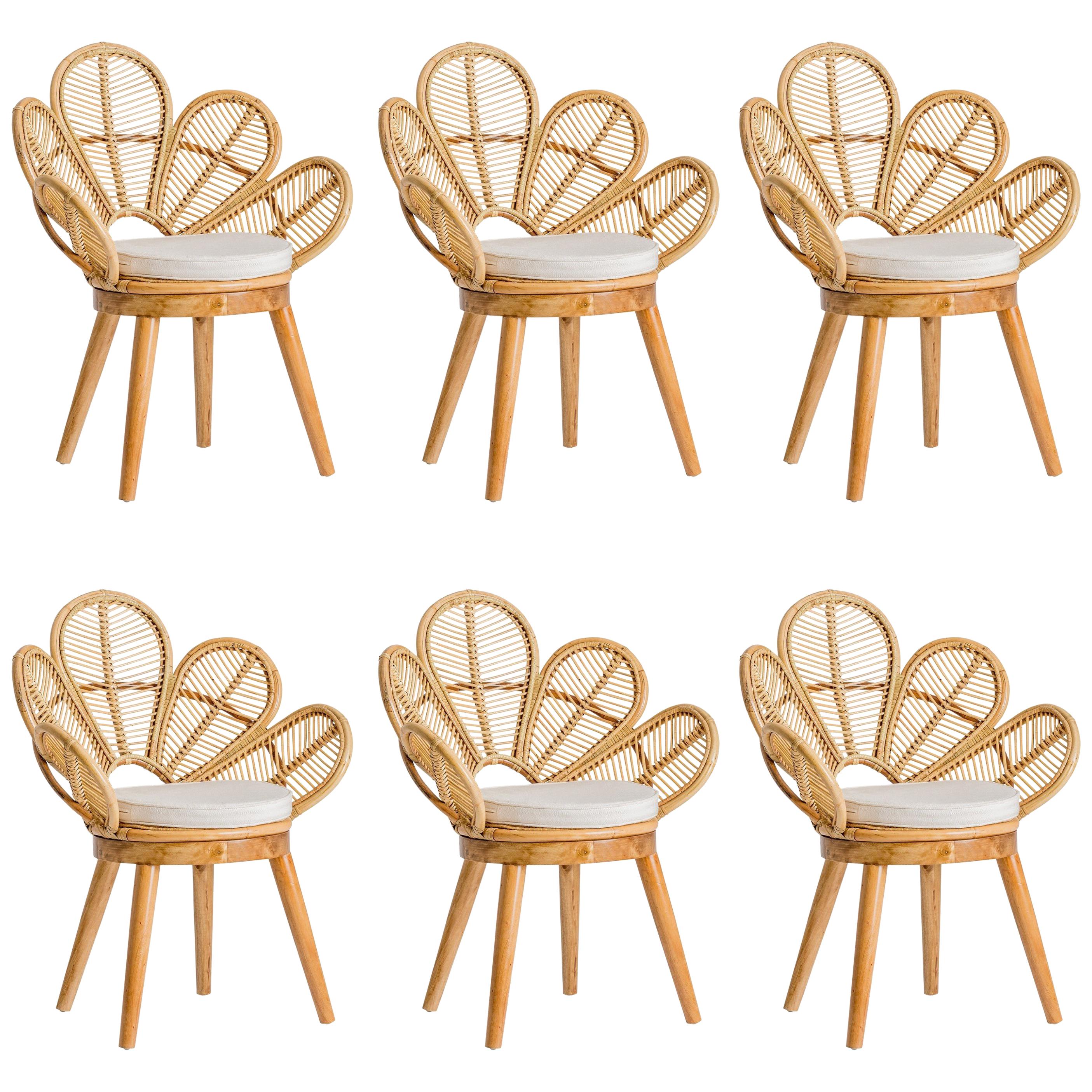 Set of Six Rattan and Wooden Flower Chairs For Sale