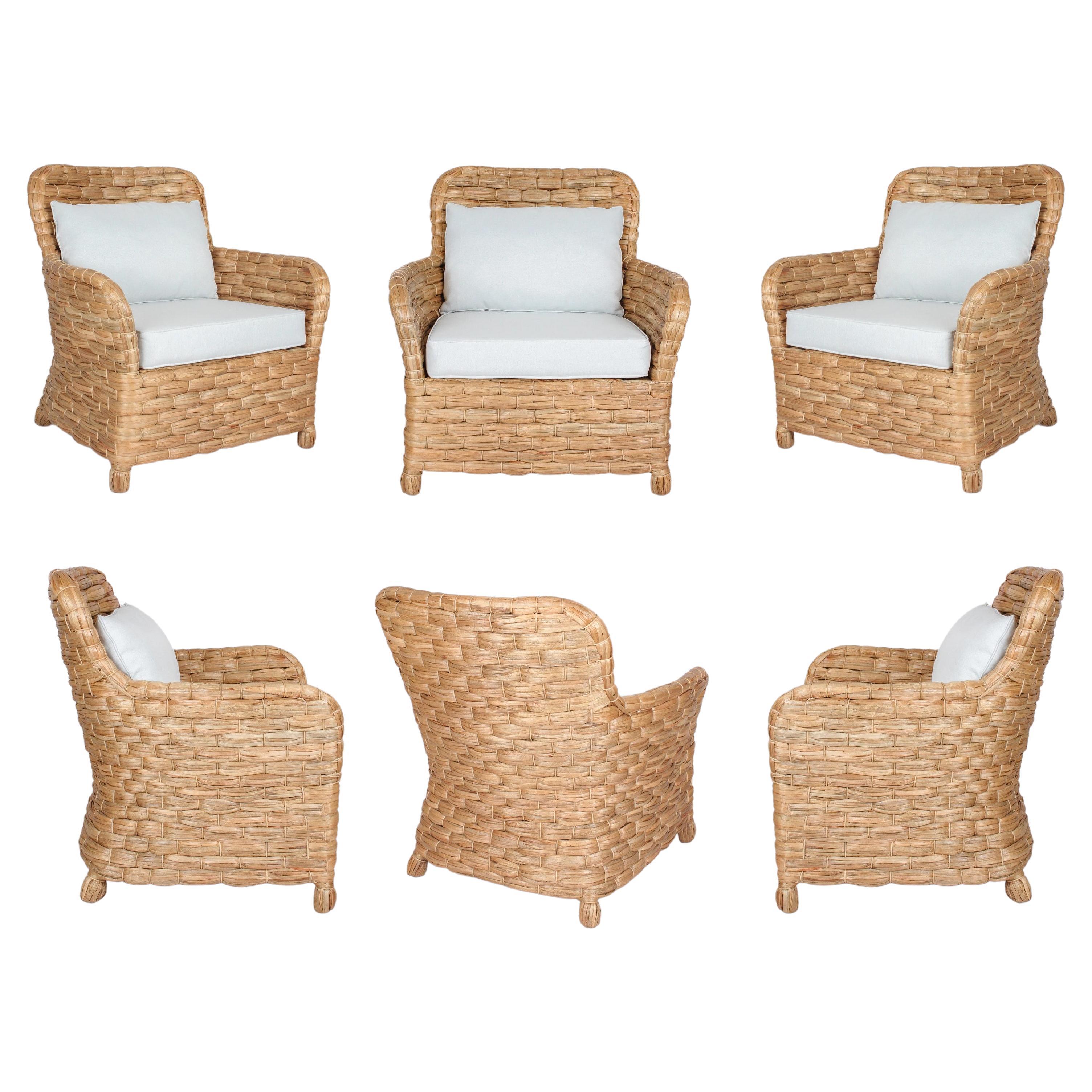Set of Six Rattan Armchairs with Straight Back and White Cushions For Sale