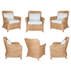 Set of Six Rattan Armchairs with Straight Back and White Cushions