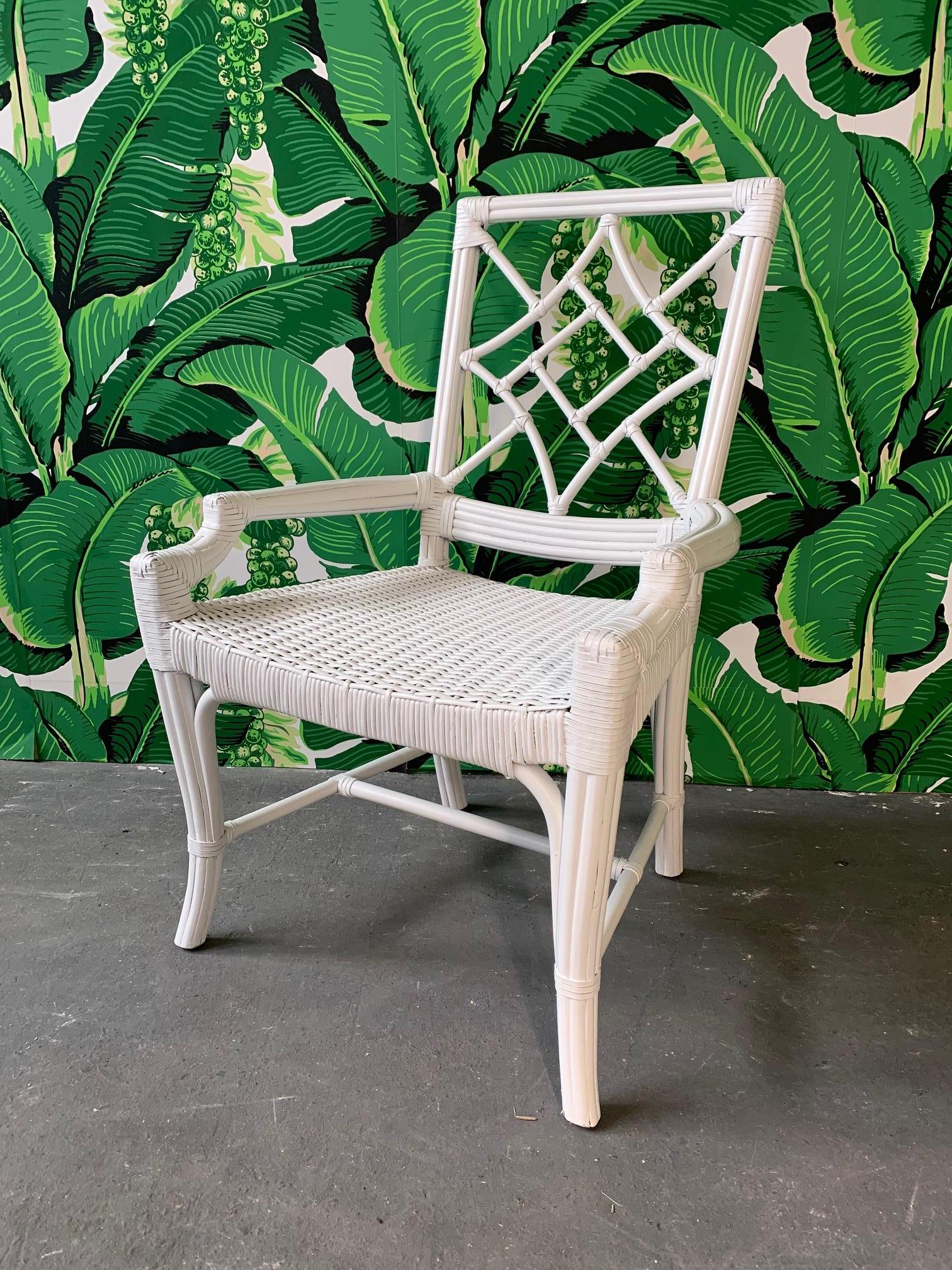Hollywood Regency Set of 6 Rattan Chinoiserie Faux Bamboo Dining Chairs For Sale