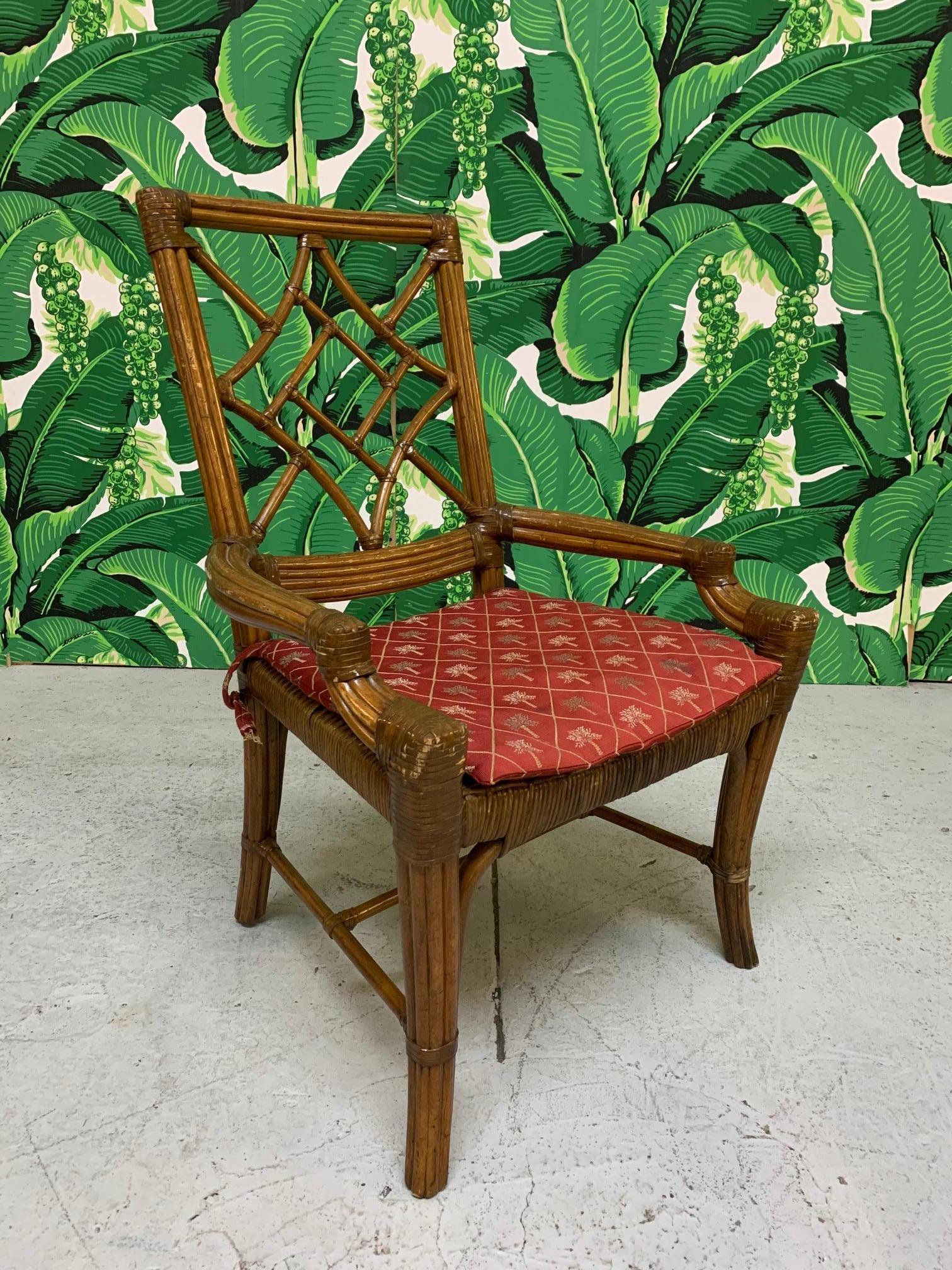 Hollywood Regency Set of Six Rattan Chinoiserie Faux Bamboo Dining Chairs