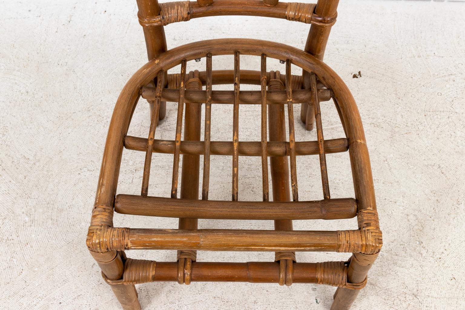 Mid-20th Century Set of Six Rattan Dining Chairs with White Linen Cushions