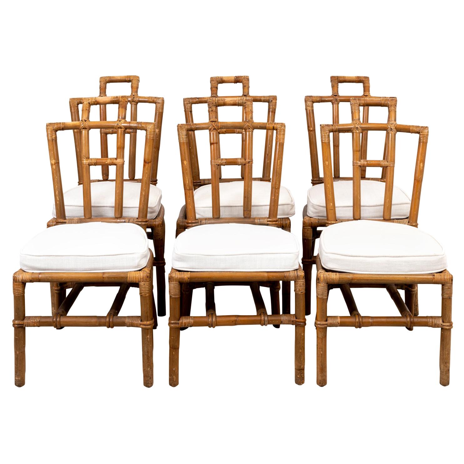 Set of Six Rattan Dining Chairs with White Linen Cushions