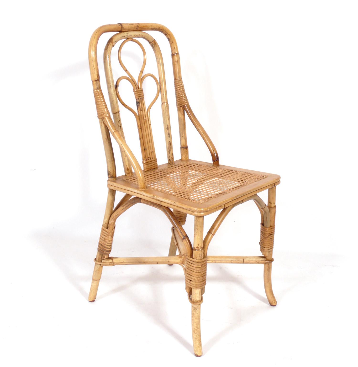 Set of six rattan or bamboo dining chairs, American, circa 1960s. They retain their warm original patina. 

This came from an estate with the matching dining table seen in the last photo. This listing is for the dining chairs only.