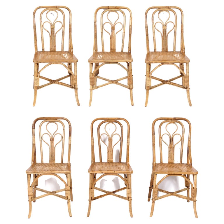 Set of Six Rattan or Bamboo Dining Chairs For Sale