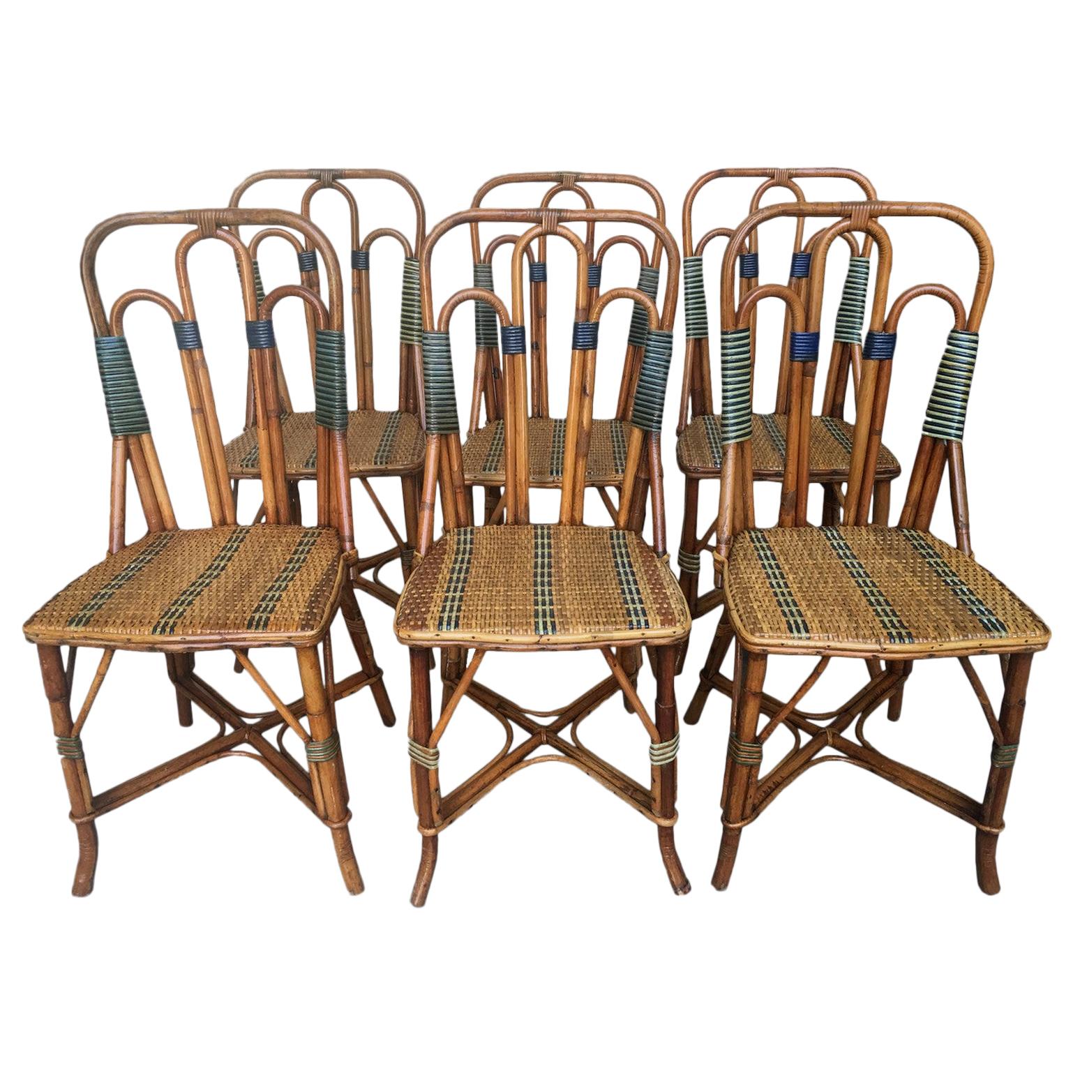 Set of Six Rattan Winter Garden Chairs, M. Murard Lyon, France, circa 1930