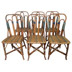 Antique Set of Six Rattan Winter Garden Chairs, M. Murard Lyon, France, circa 1930