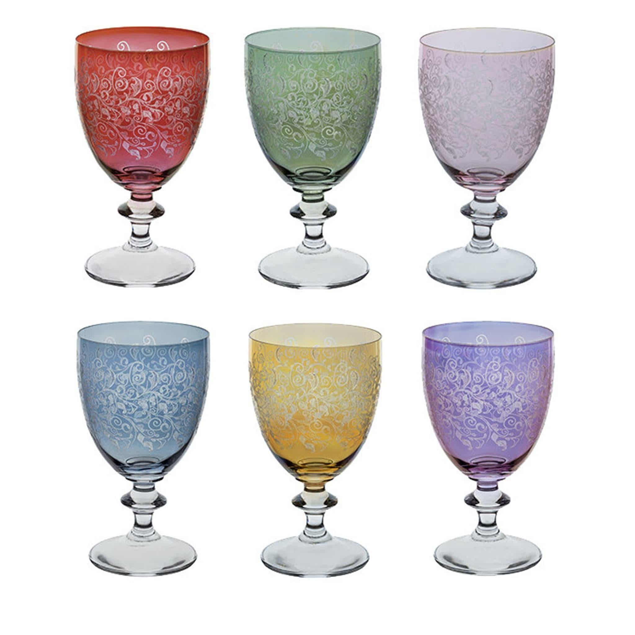 Either alone or combined with the other pieces of the Ravel collection, this set of six stem glasses will enliven the look of any table, thanks to its colorful rainbow of vivid hues (one for each piece) and its exquisite craftsmanship. Each glass