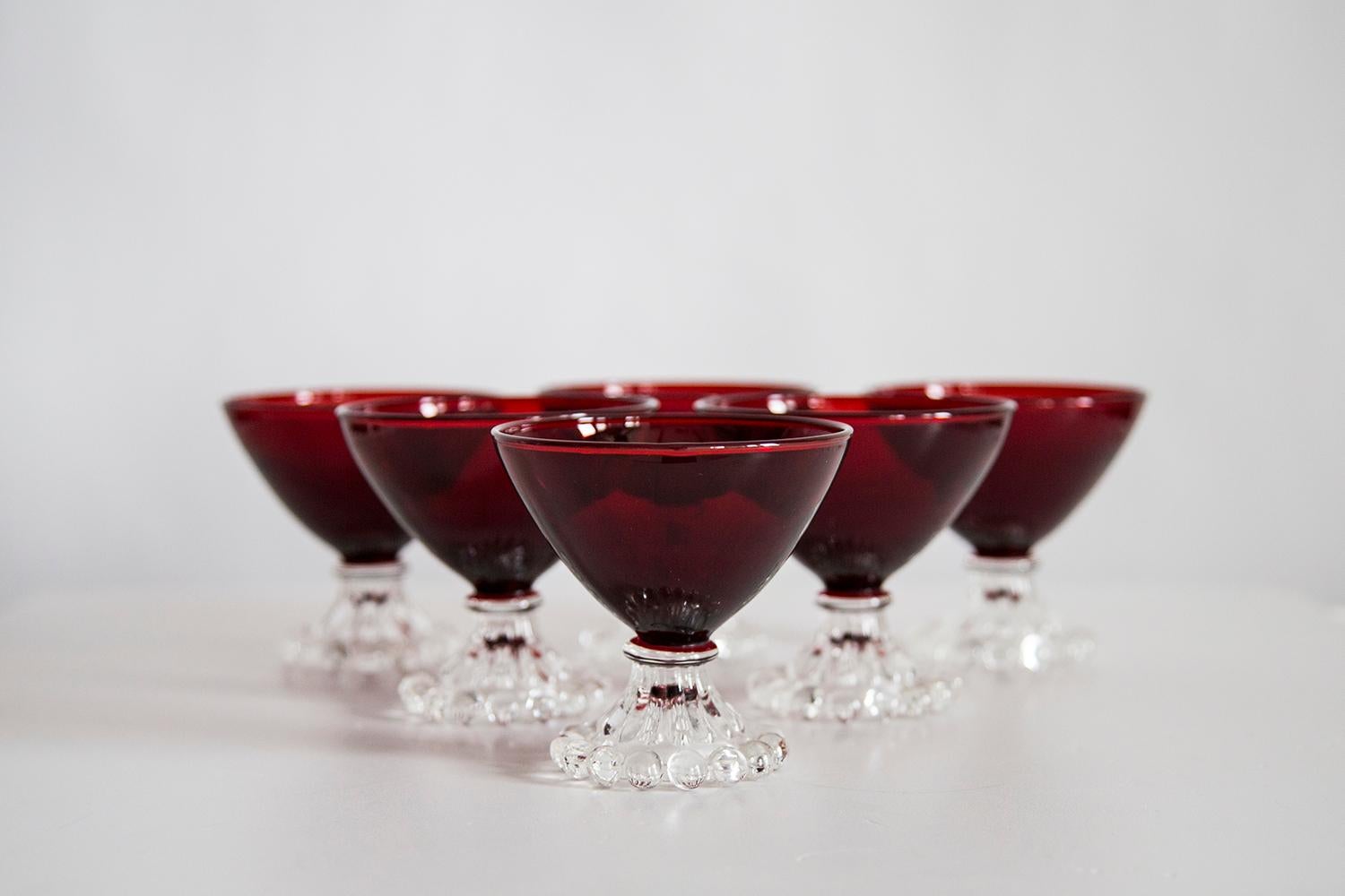 Hand-Crafted Set of Six Red Burgundy Empoli Glasses, Italy, Europe, 1970s For Sale