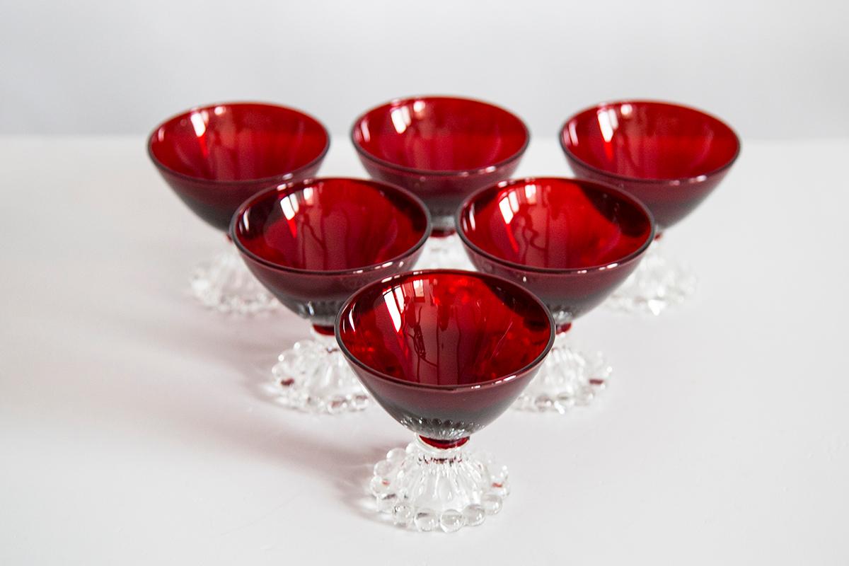 20th Century Set of Six Red Burgundy Empoli Glasses, Italy, Europe, 1970s For Sale