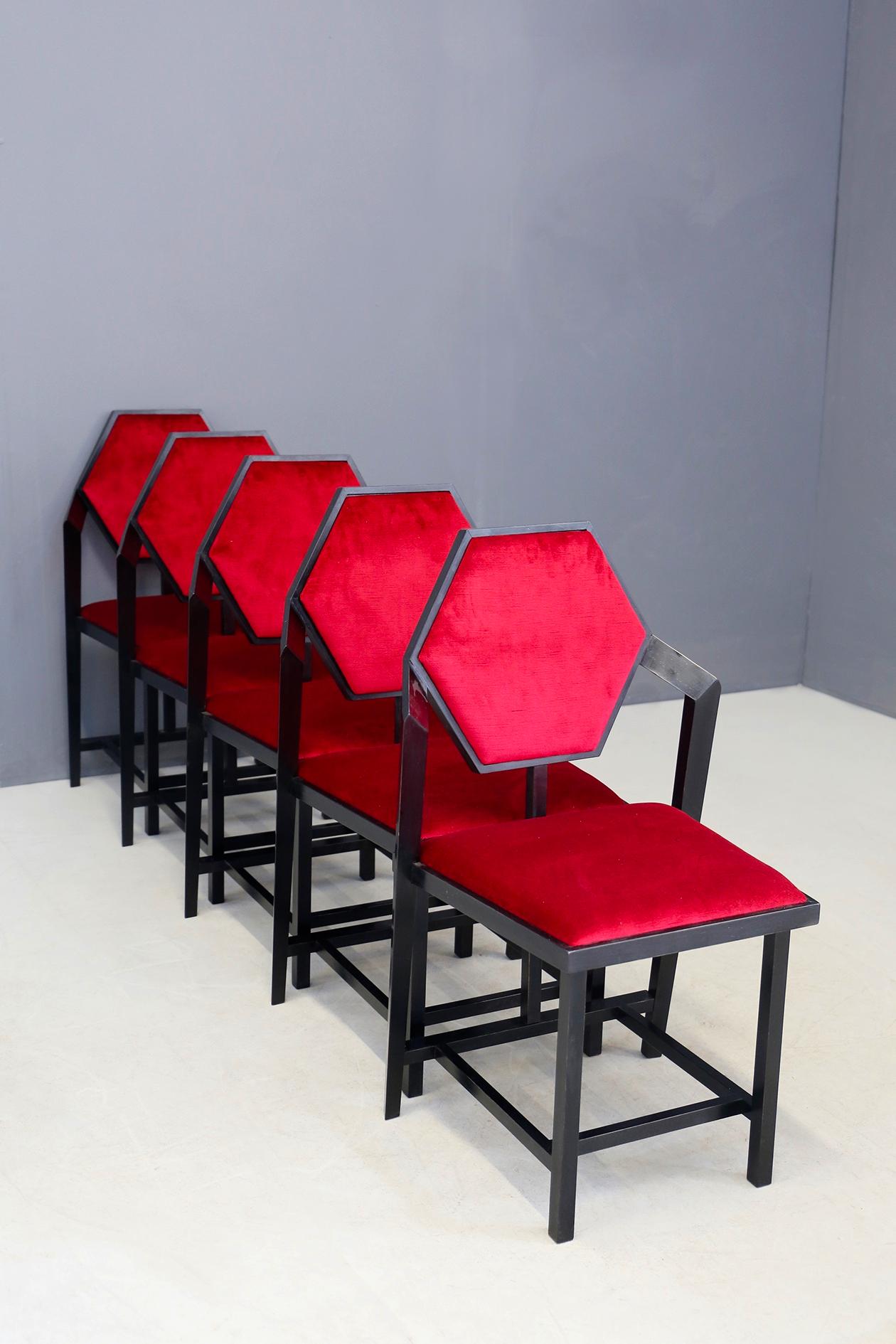 Set of Six Red Chairs Designed by Frank Lloyd Wright from the 1980s 3