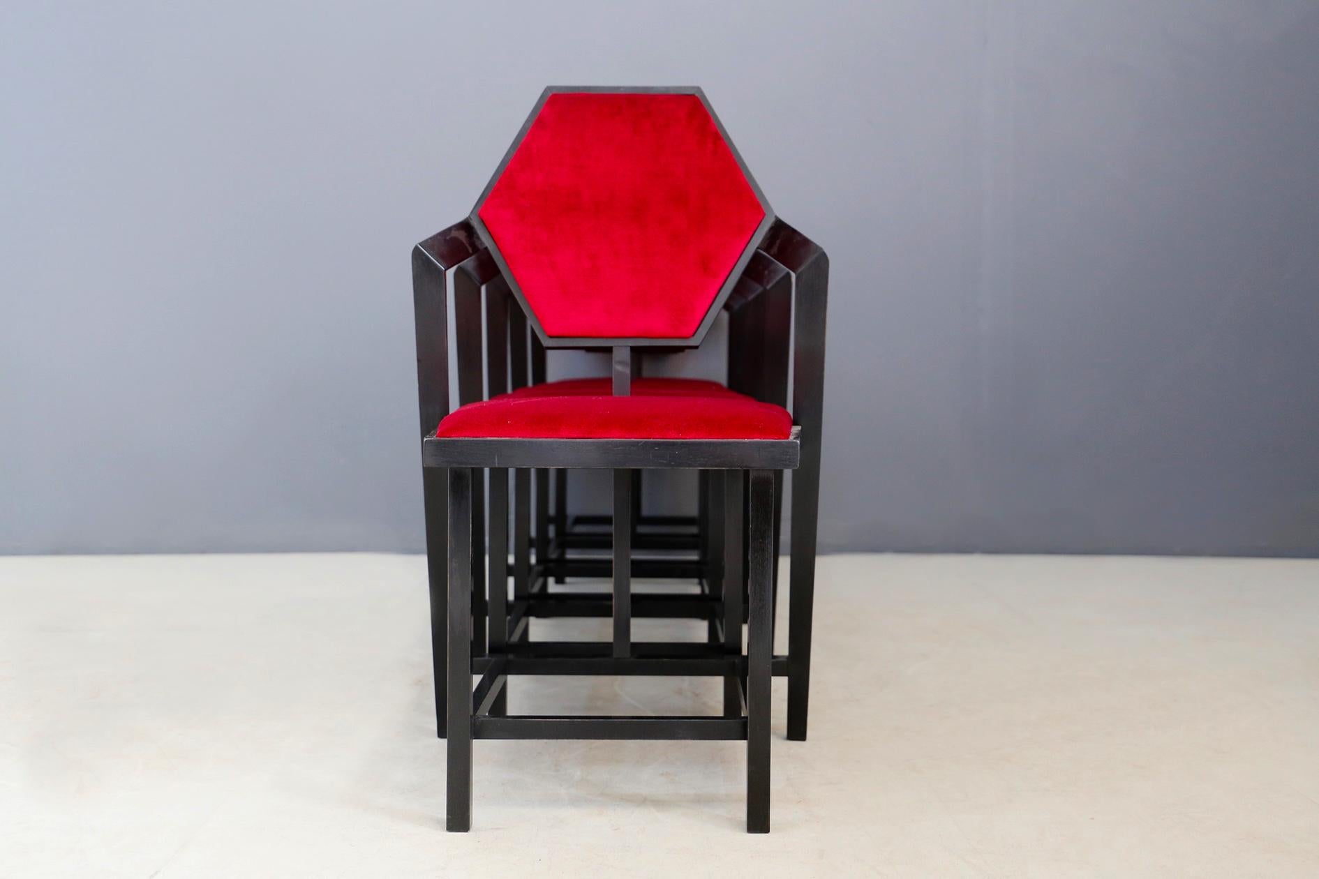 Set of Six Red Chairs Designed by Frank Lloyd Wright from the 1980s 8