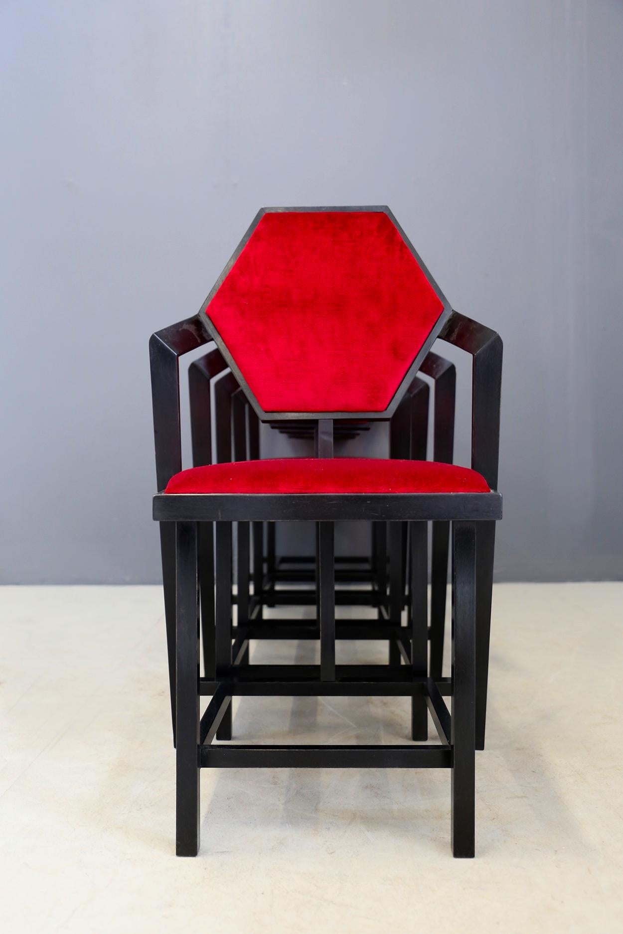 Modern Set of Six Red Chairs Designed by Frank Lloyd Wright from the 1980s