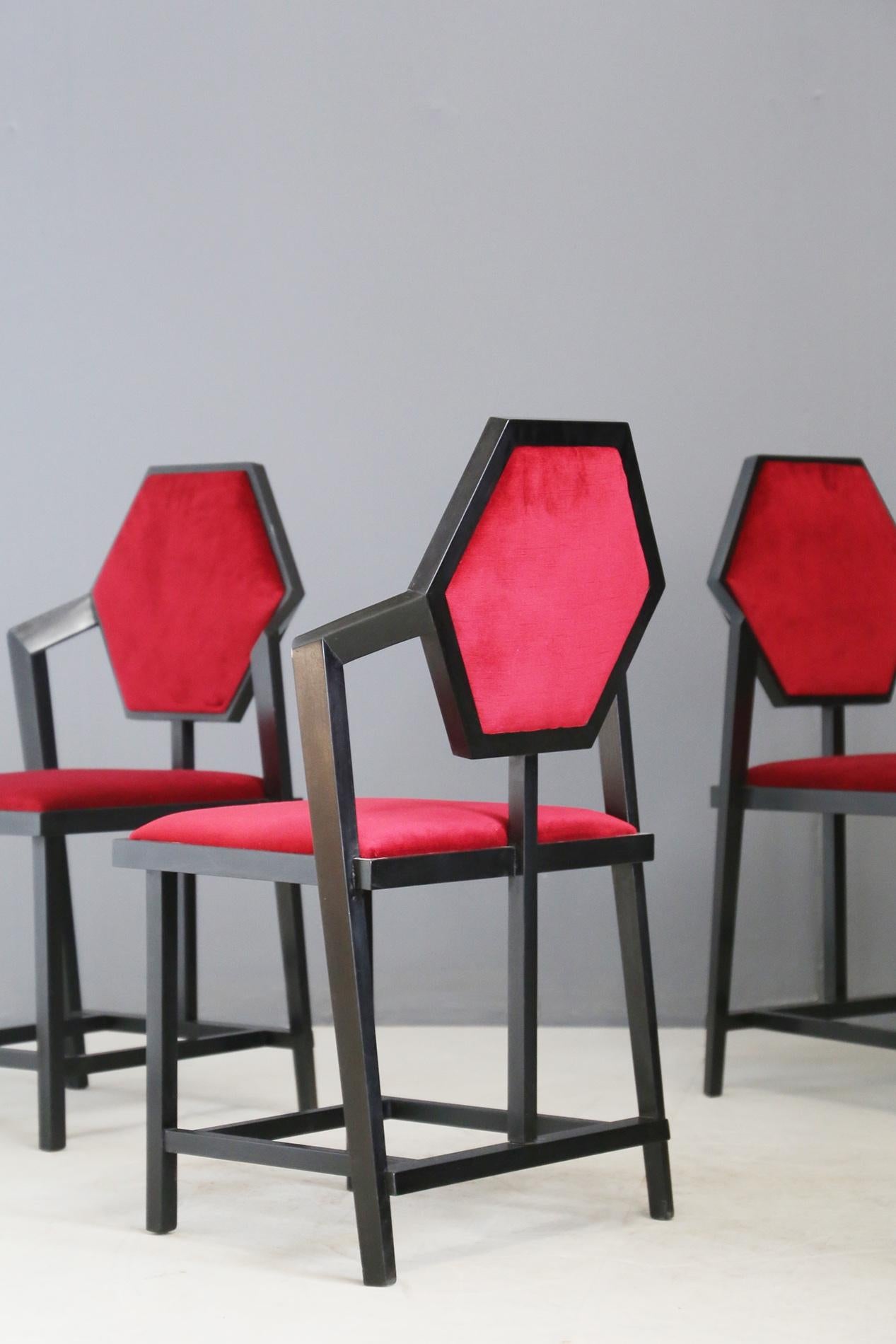 American Set of Six Red Chairs Designed by Frank Lloyd Wright from the 1980s