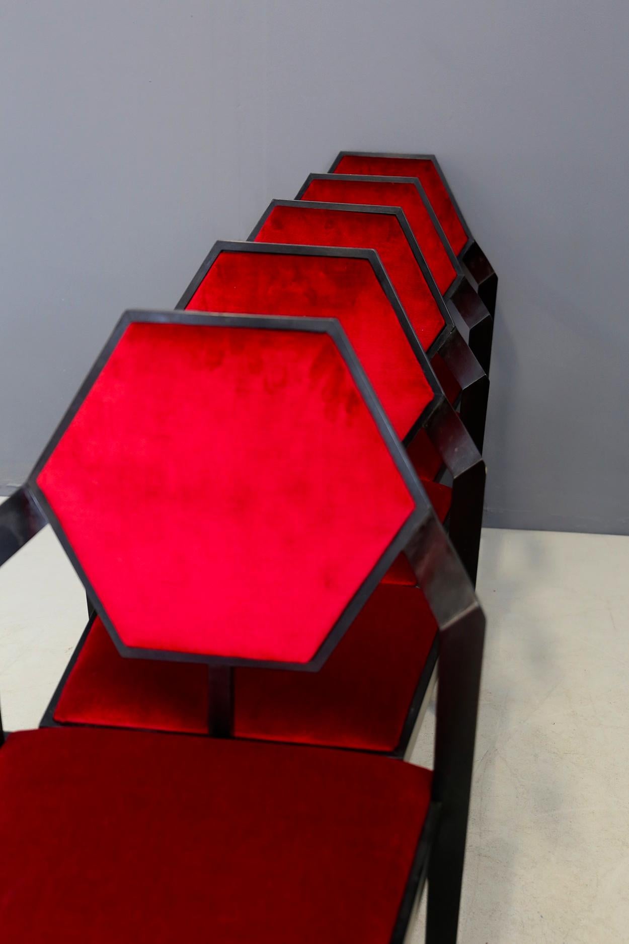 Velvet Set of Six Red Chairs Designed by Frank Lloyd Wright from the 1980s
