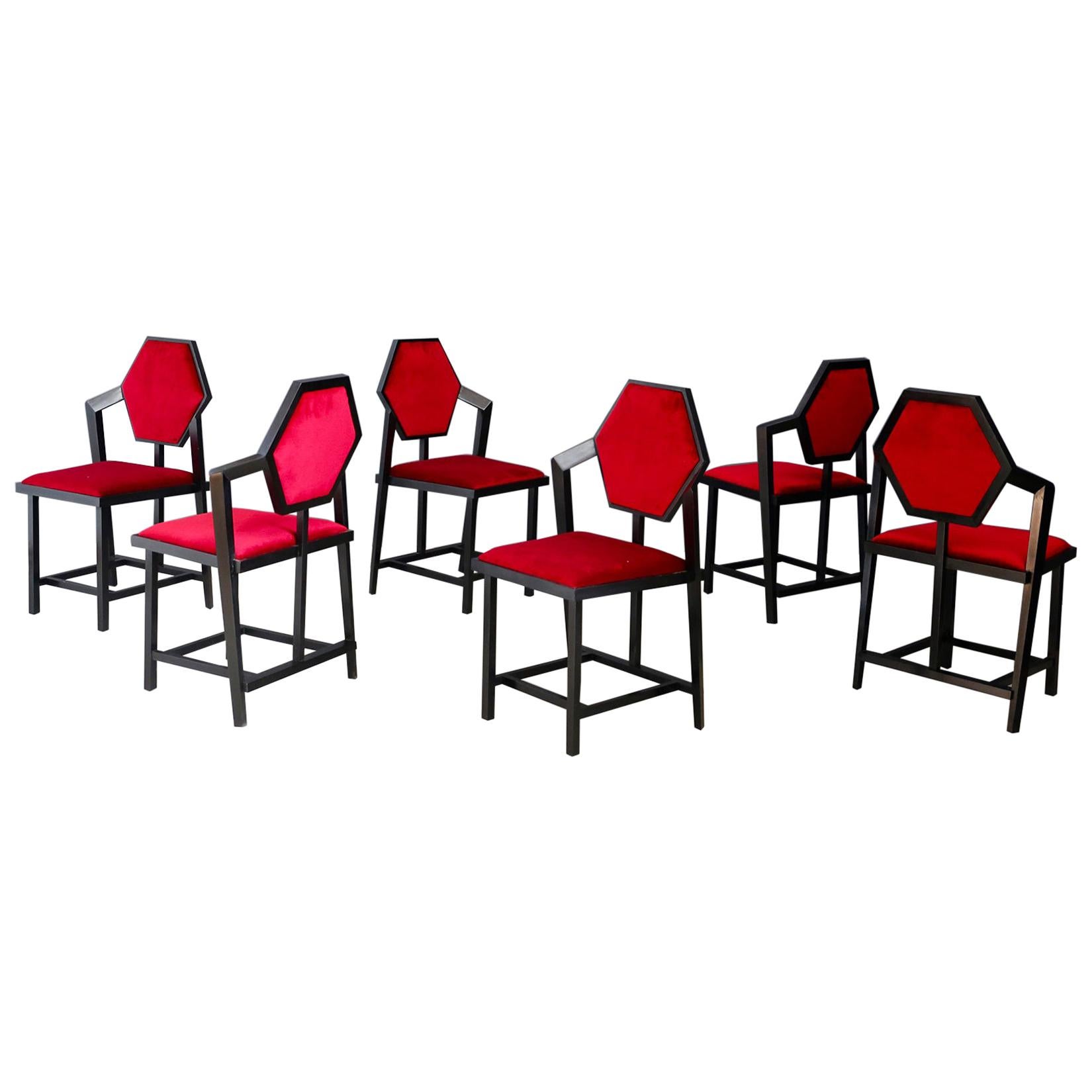 Set of Six Red Chairs Designed by Frank Lloyd Wright from the 1980s