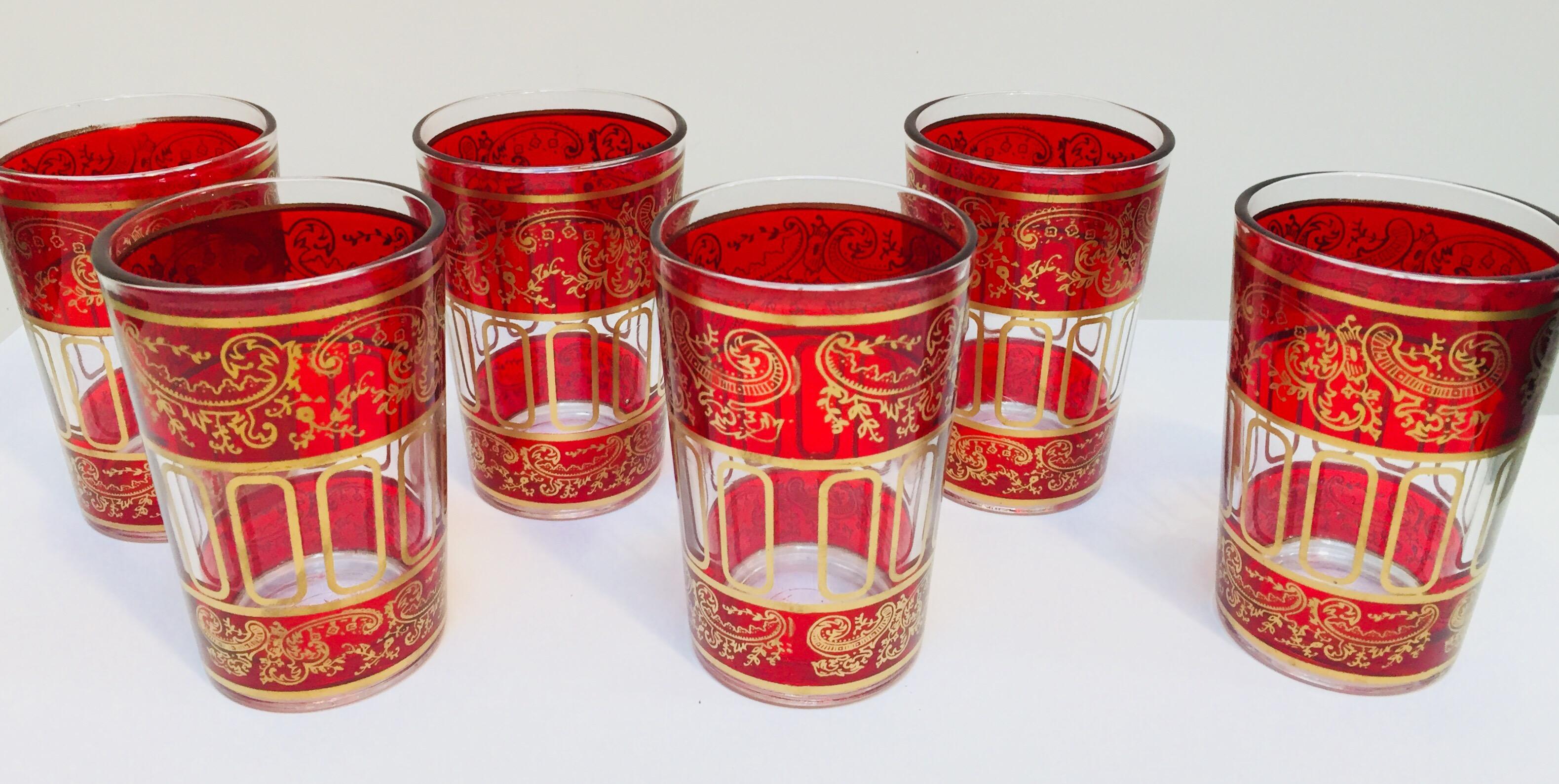 French Set of Six Red Glasses with Gold Raised Moorish Design
