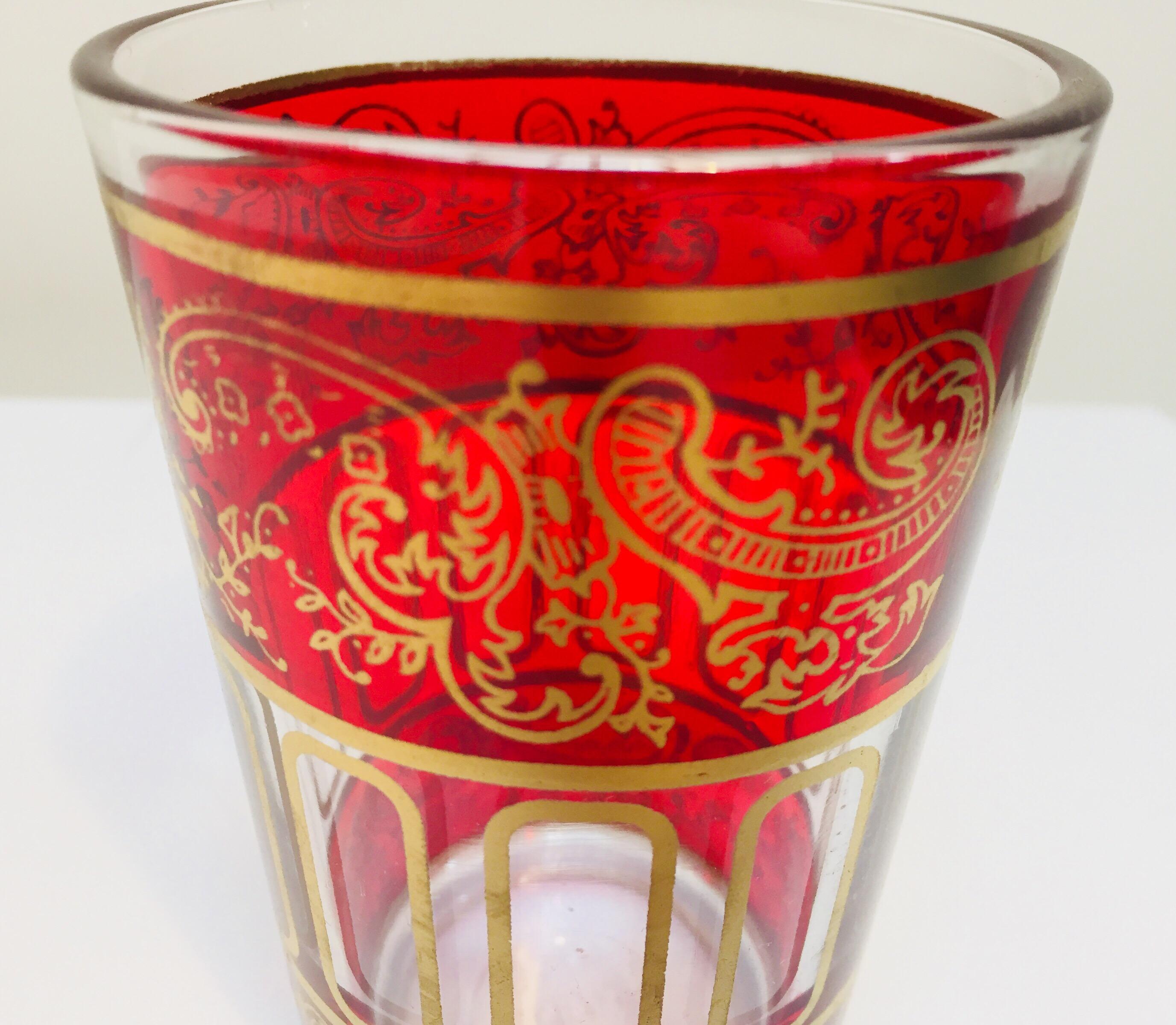 Set of Six Red Glasses with Gold Raised Moorish Design In Excellent Condition In North Hollywood, CA