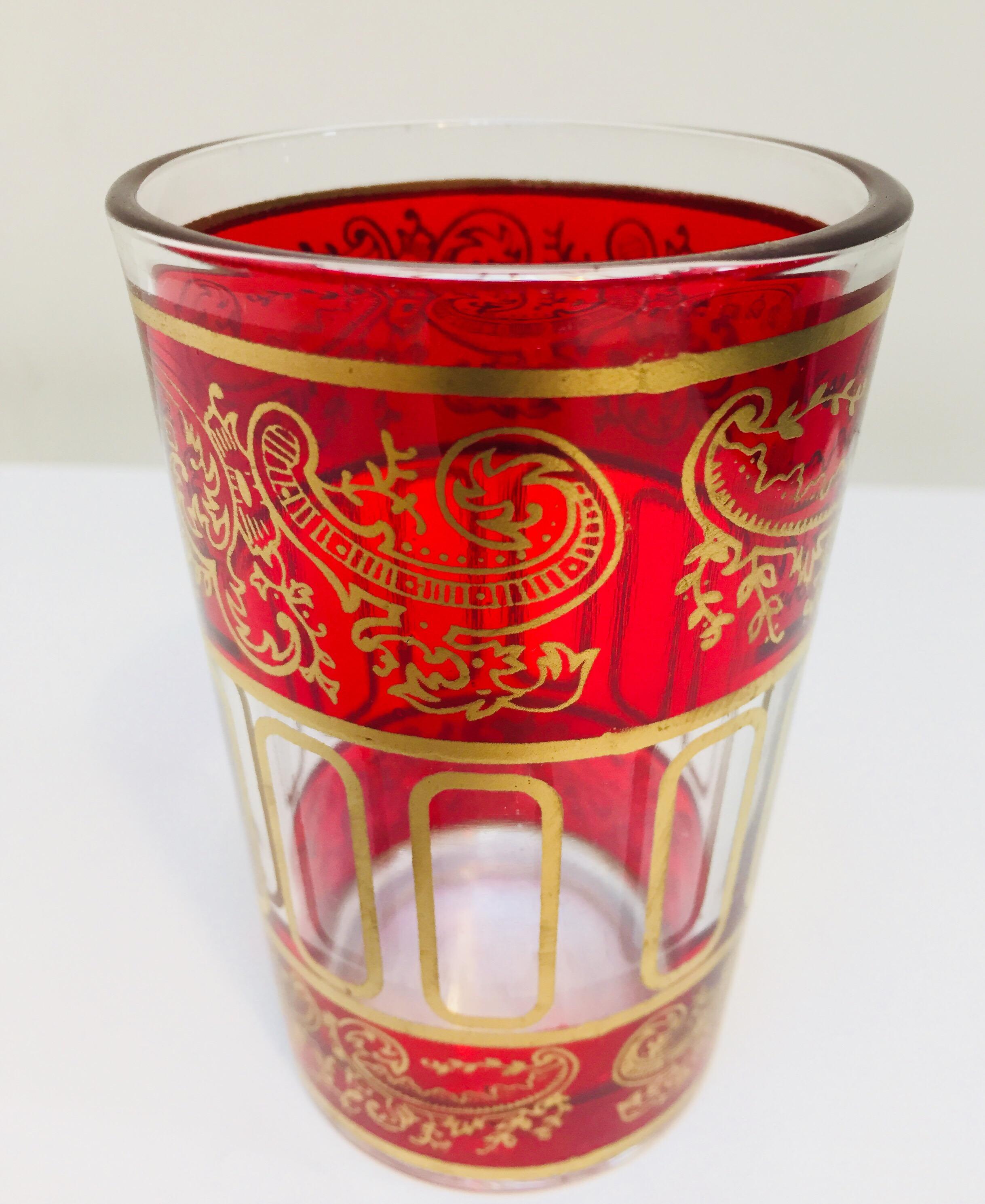 20th Century Set of Six Red Glasses with Gold Raised Moorish Design