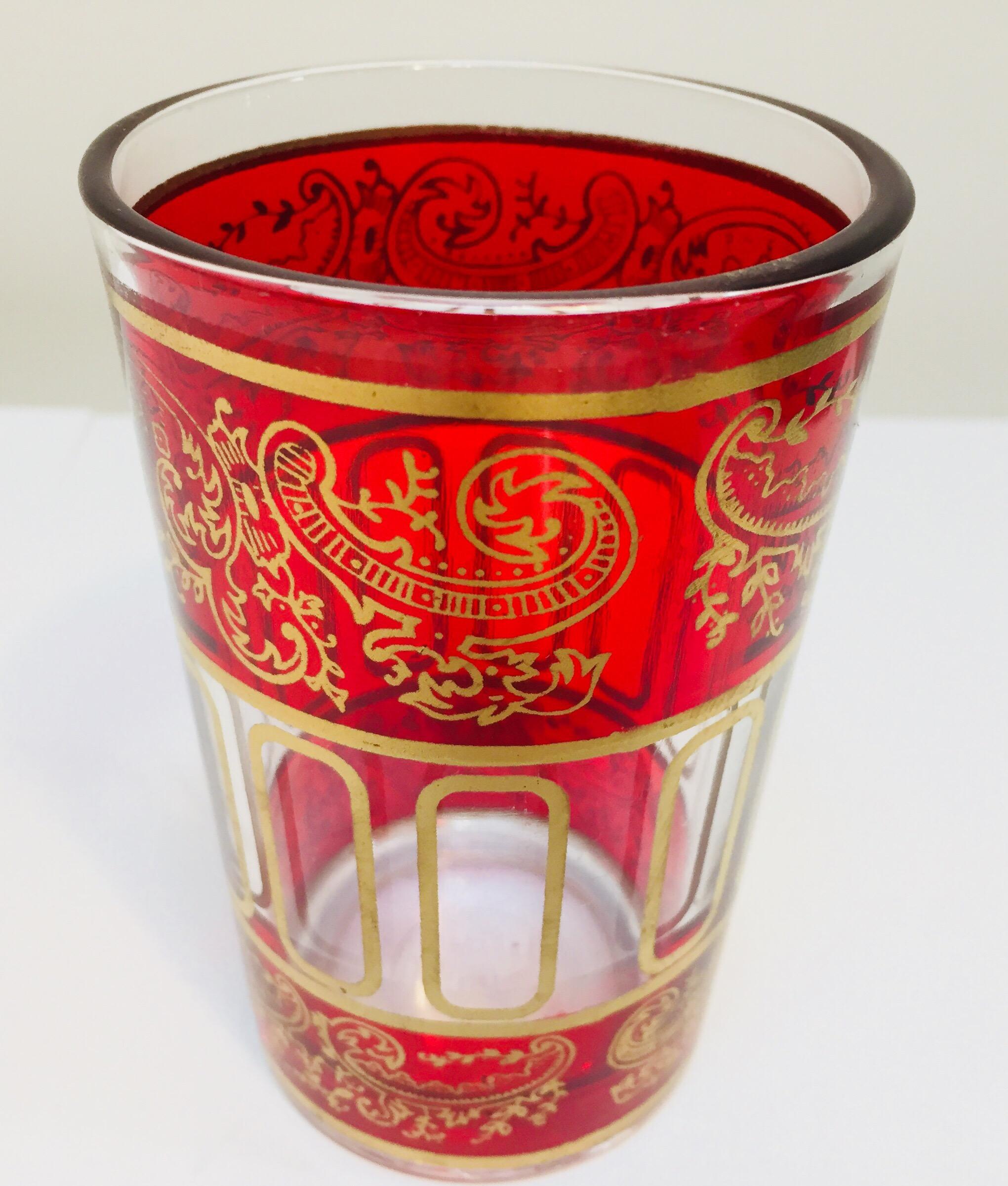 Set of Six Ruby Red Glasses with Gold Raised Moorish Frieze Design In Good Condition For Sale In North Hollywood, CA