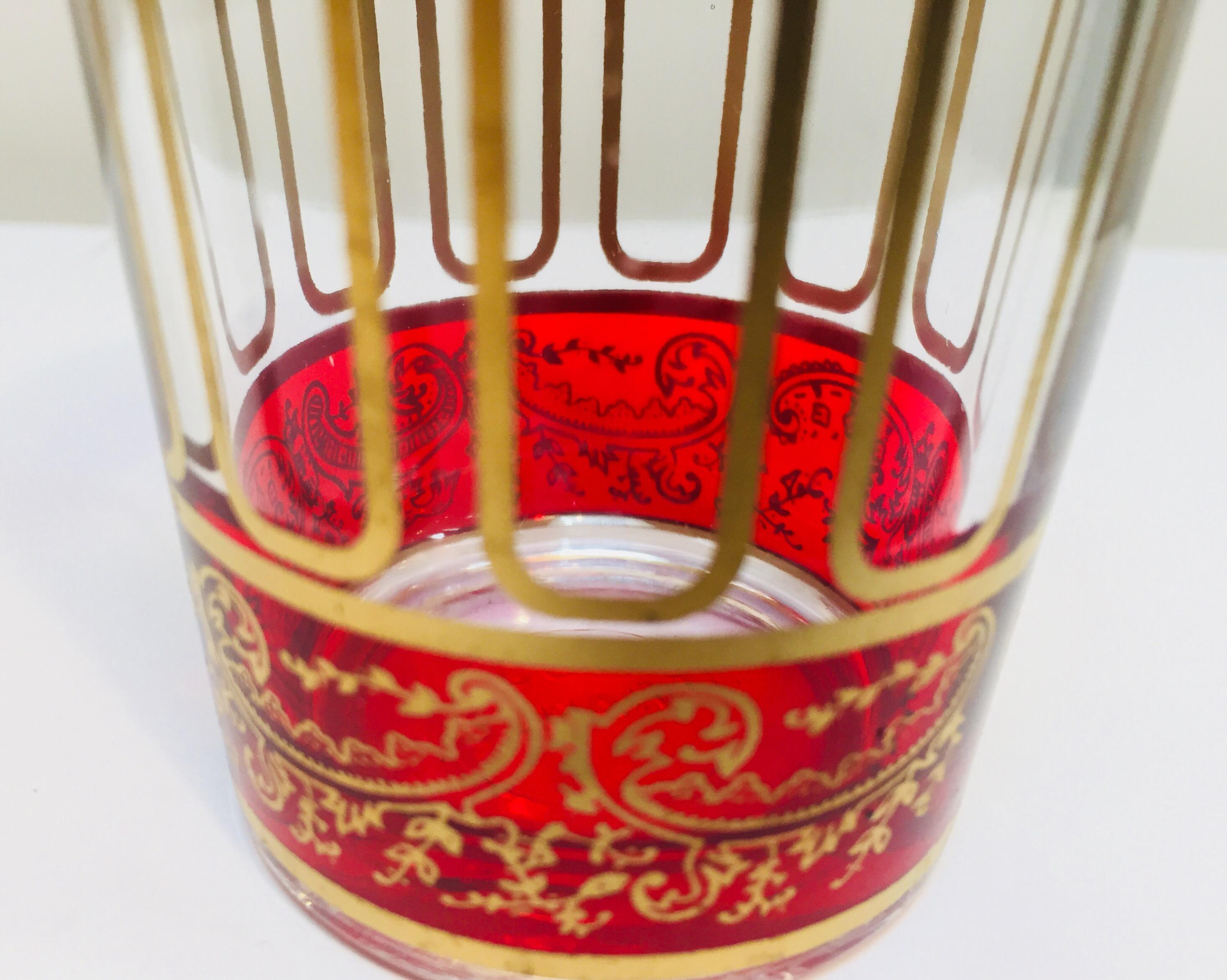 20th Century Set of Six Ruby Red Glasses with Gold Raised Moorish Frieze Design For Sale