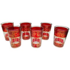 Set of Six Red Glasses with Gold Raised Moorish Design