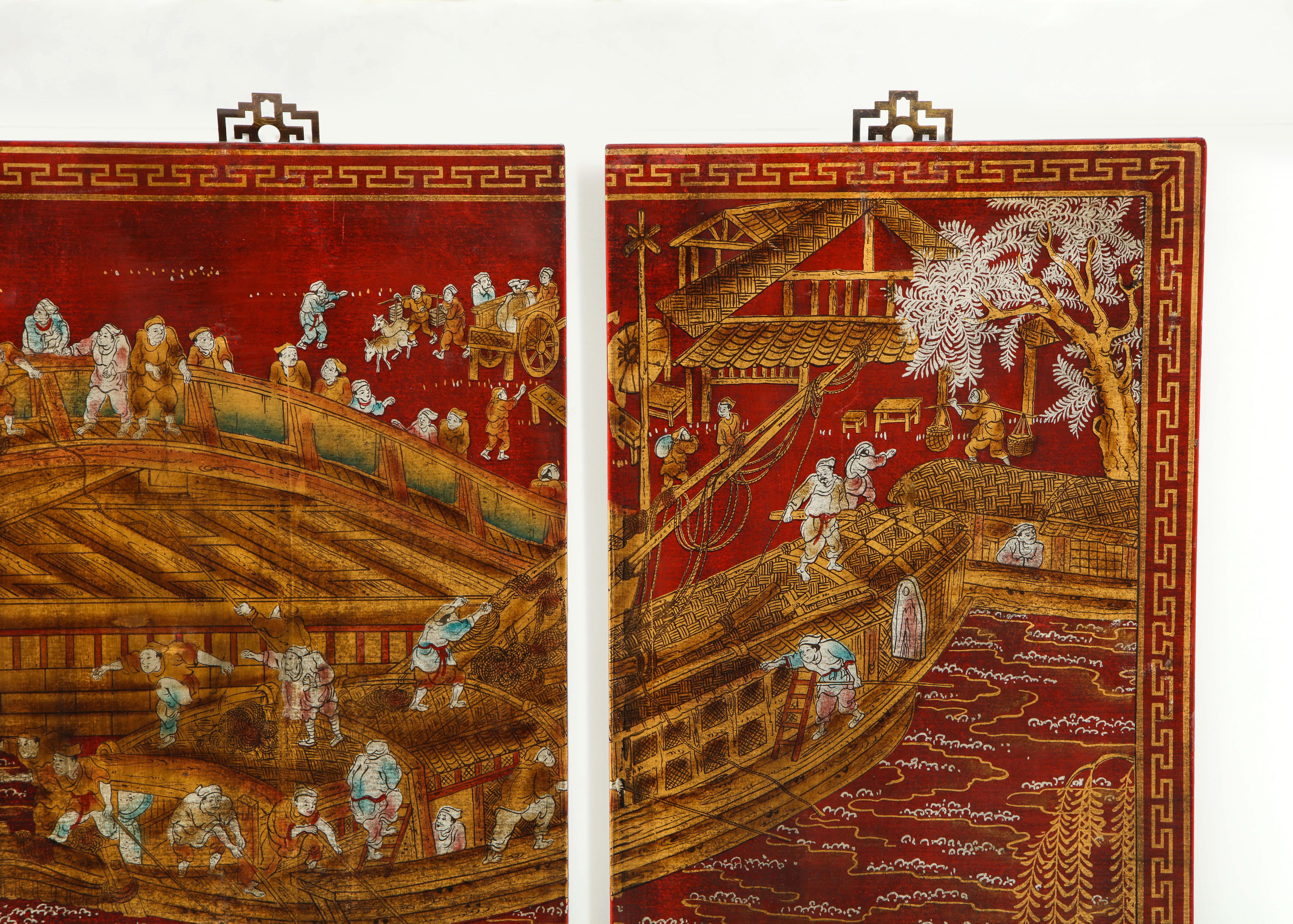 Set of Six Red Lacquered Chinoiserie Panels For Sale 5