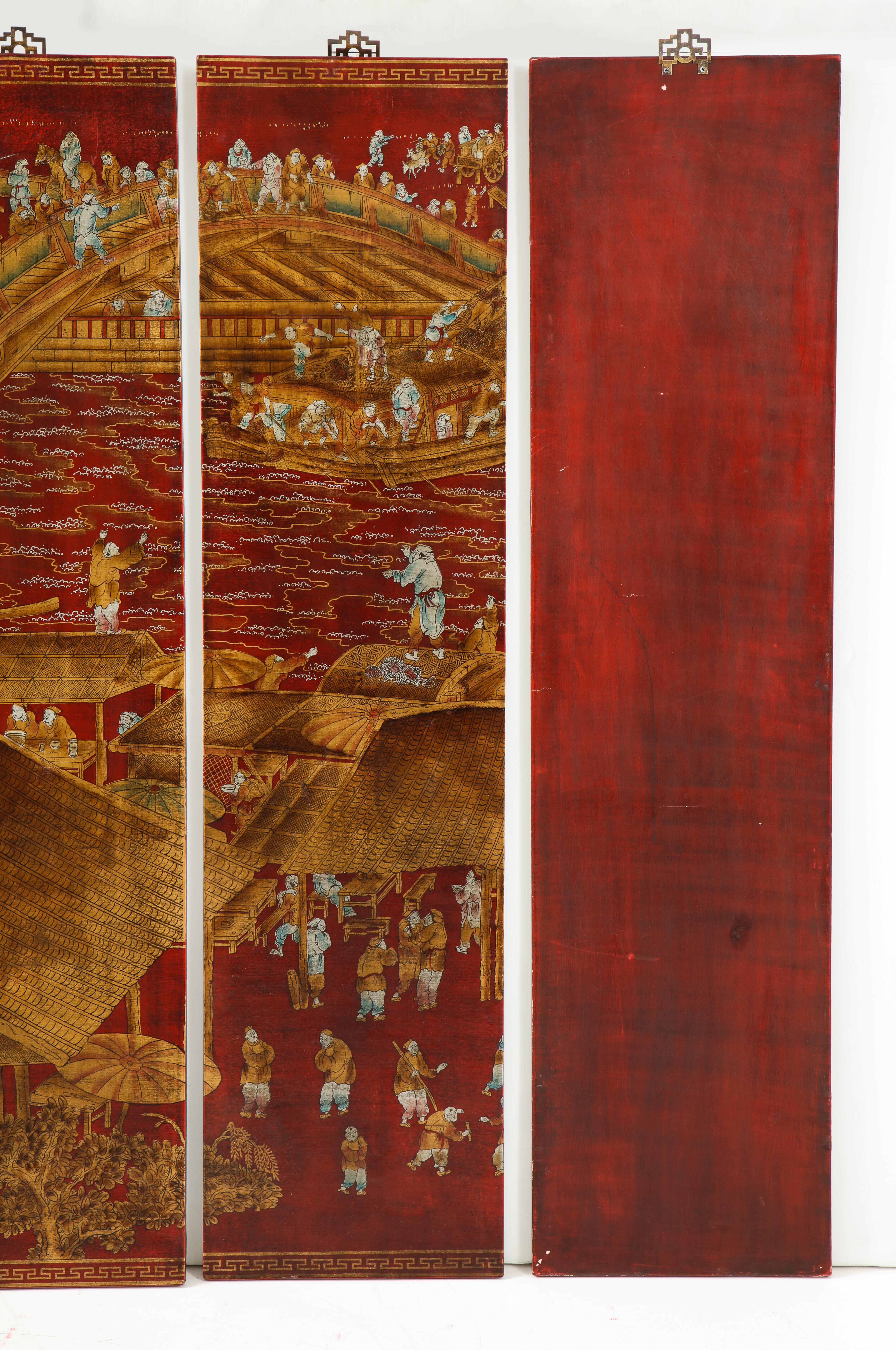 Set of Six Red Lacquered Chinoiserie Panels For Sale 7