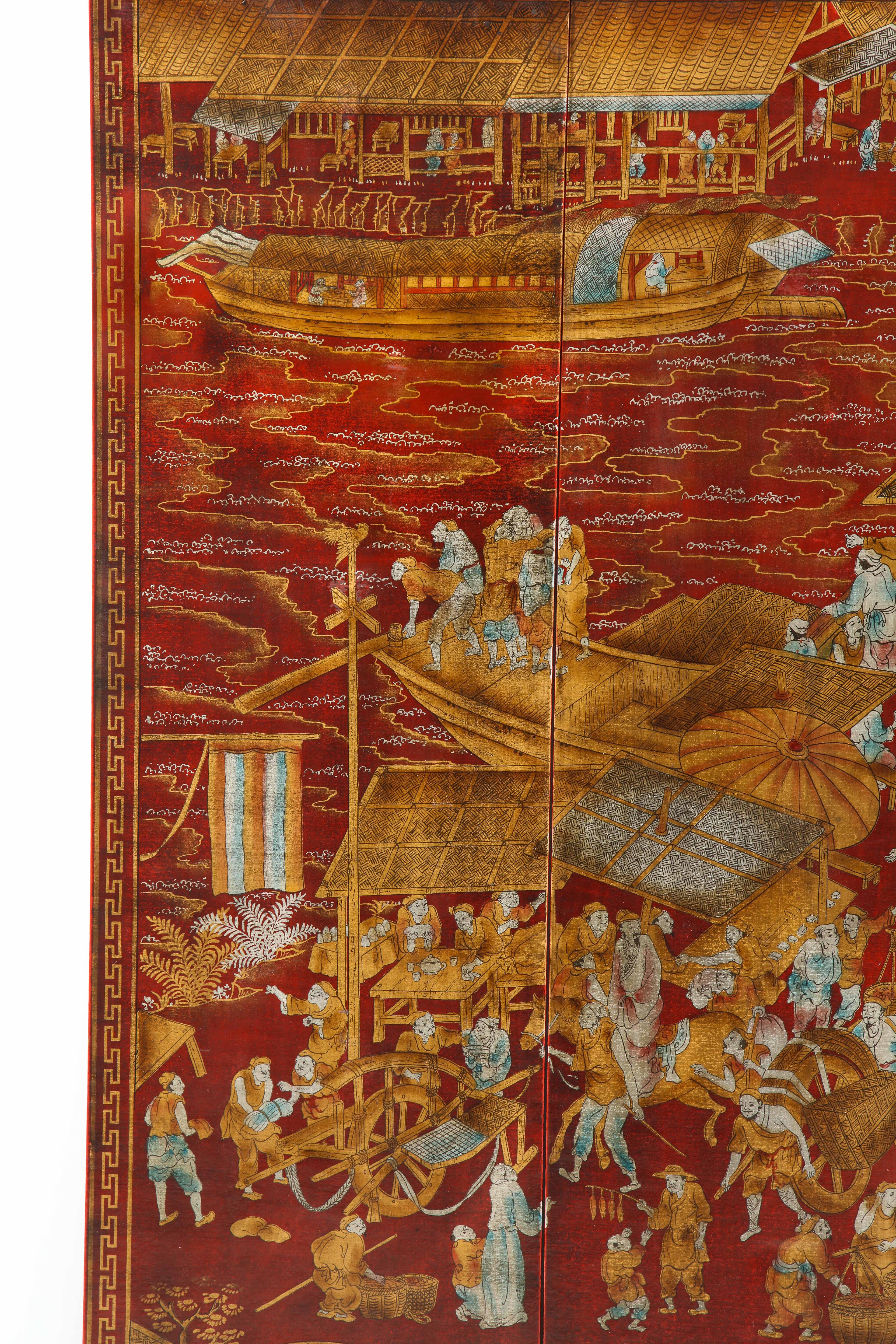 Unknown Set of Six Red Lacquered Chinoiserie Panels For Sale