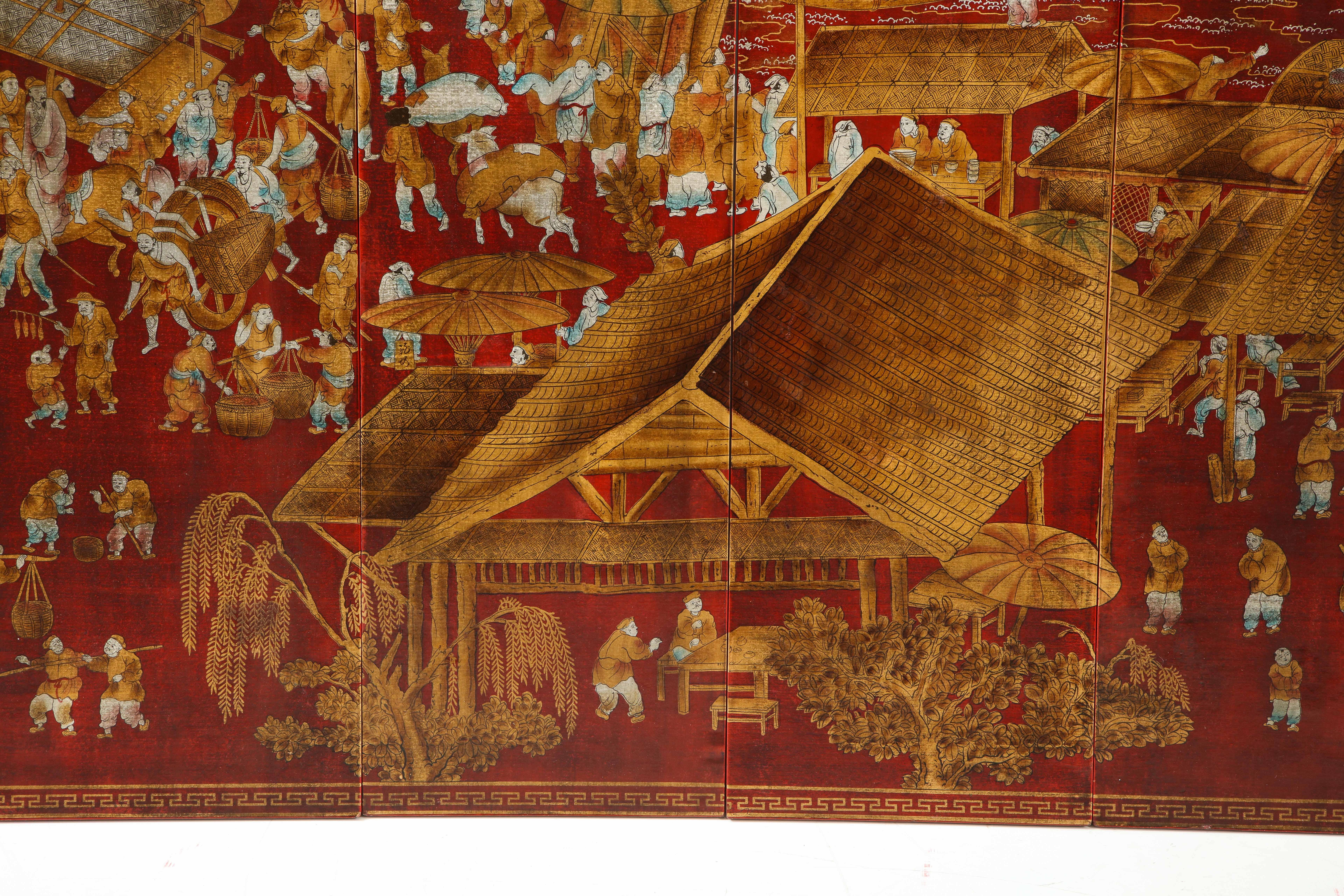 Set of Six Red Lacquered Chinoiserie Panels In Good Condition For Sale In New York, NY