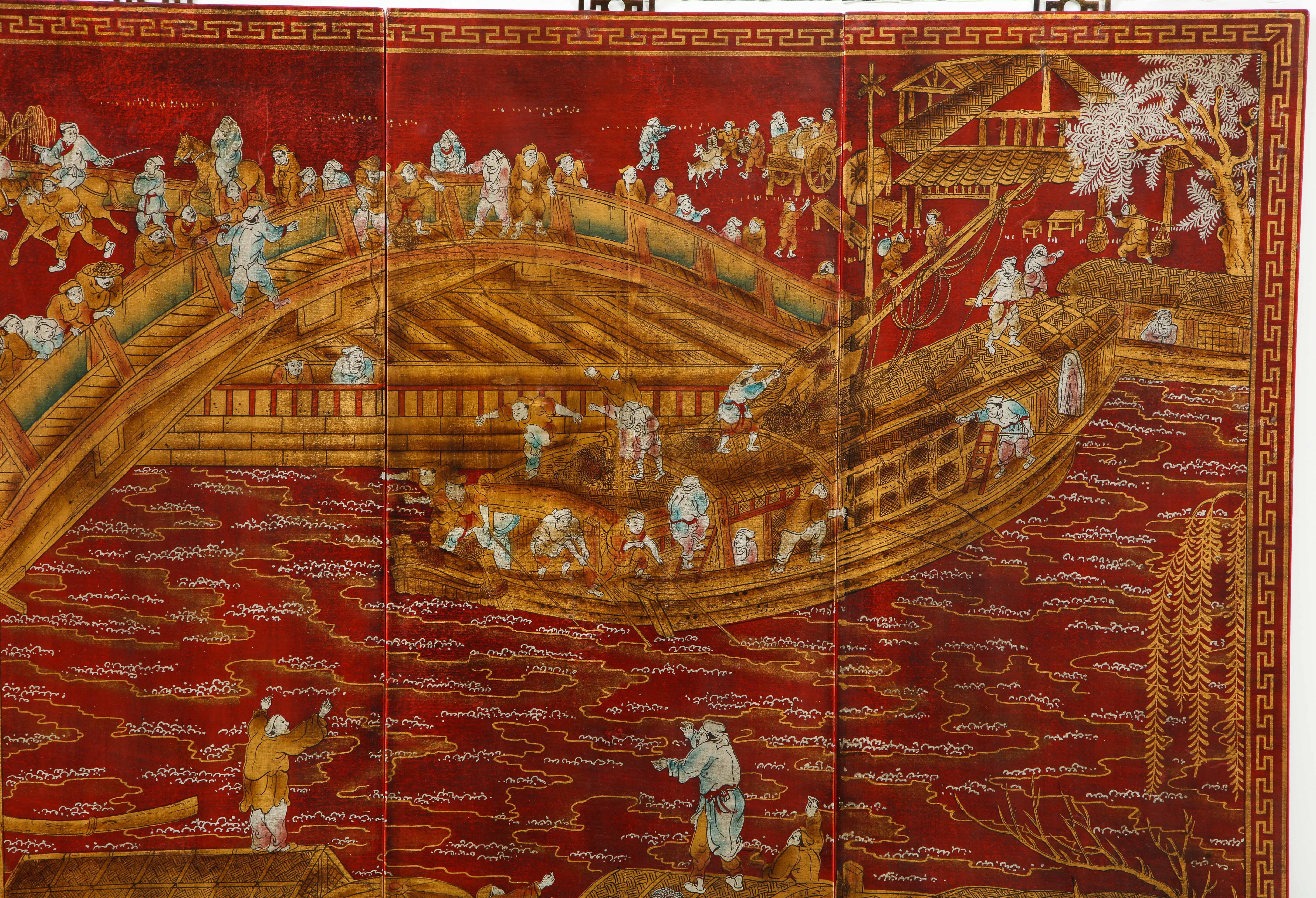 20th Century Set of Six Red Lacquered Chinoiserie Panels For Sale