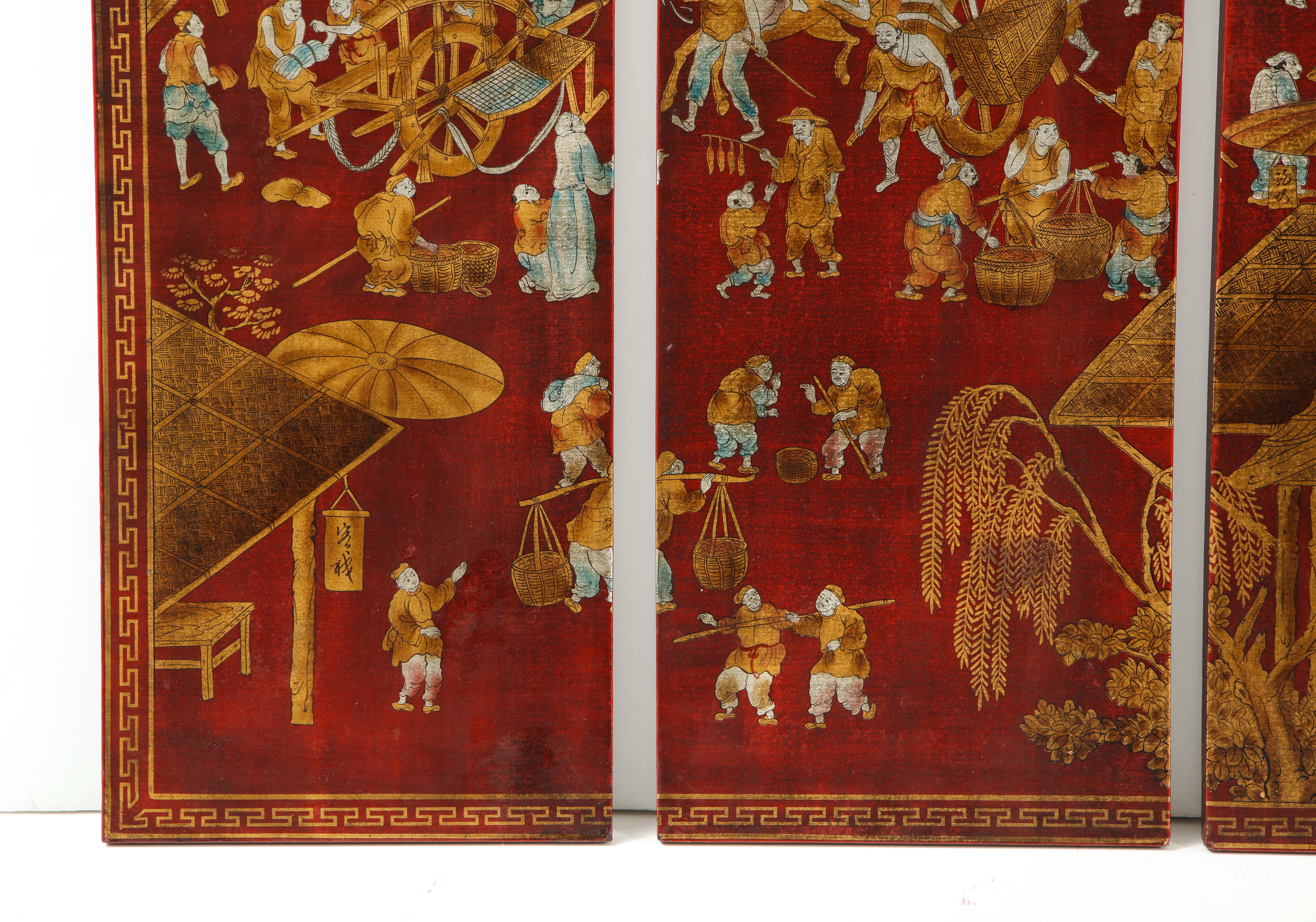 Set of Six Red Lacquered Chinoiserie Panels For Sale 2