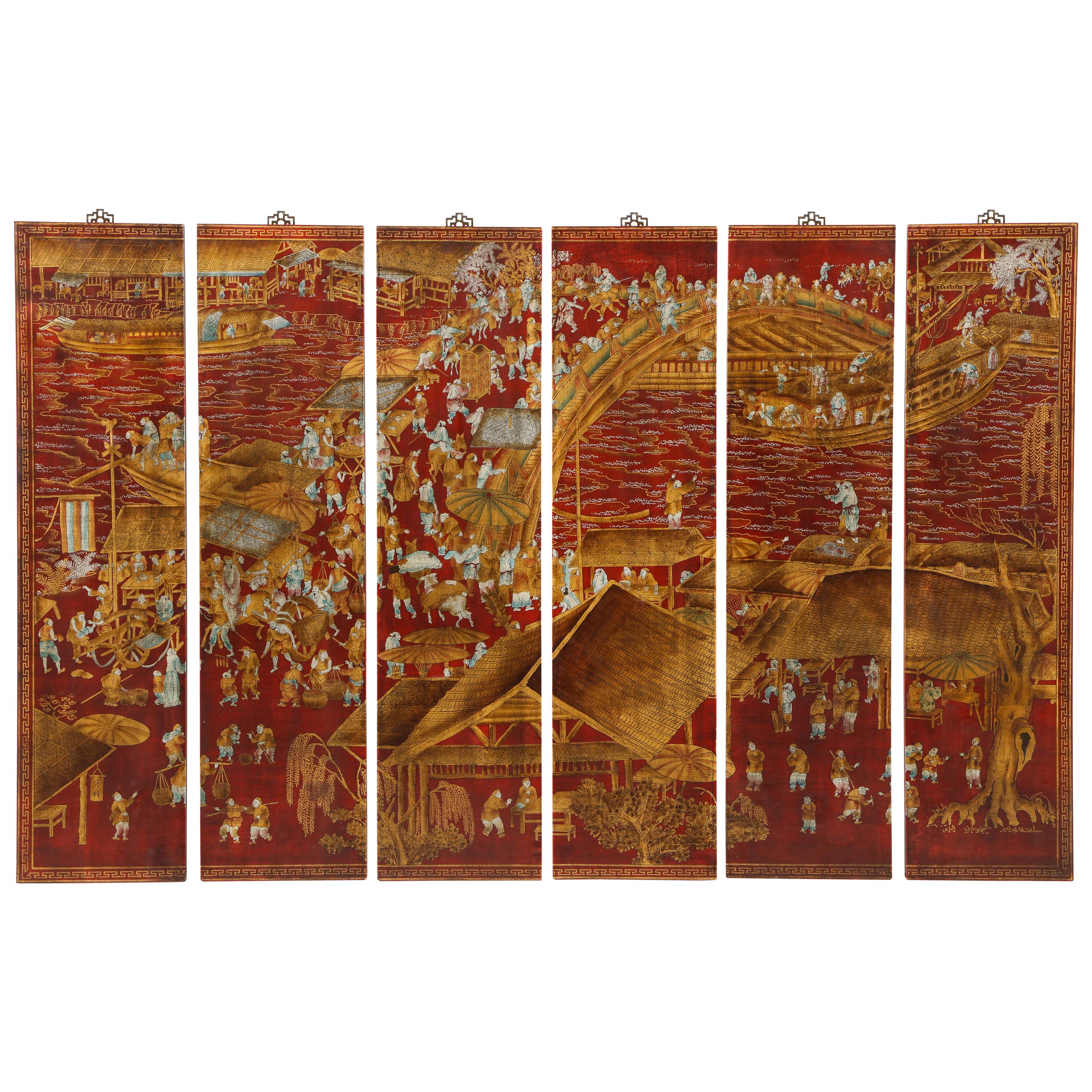 Set of Six Red Lacquered Chinoiserie Panels For Sale