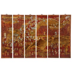 Vintage Set of Six Red Lacquered Chinoiserie Panels