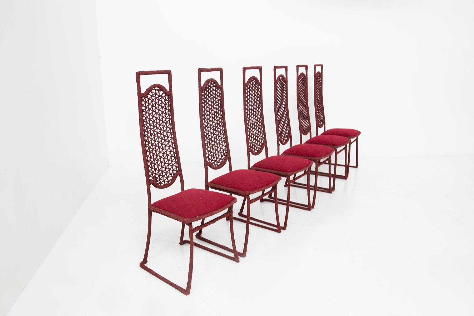 Set aus sechs roten Seilstühlen von Marzio Cecchi (Moderne der Mitte des Jahrhunderts) im Angebot