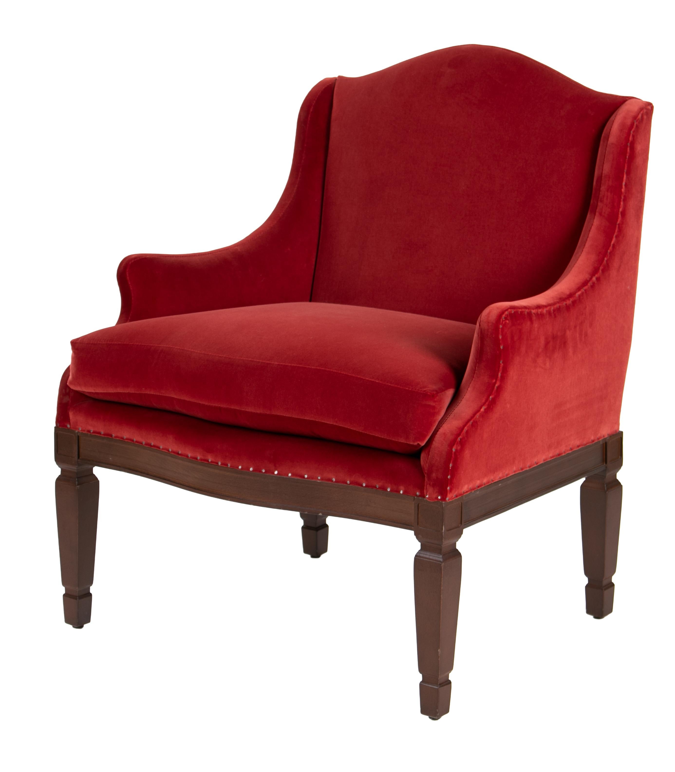 Spanish Set of Six Red Upholstered Wooden Armchairs
