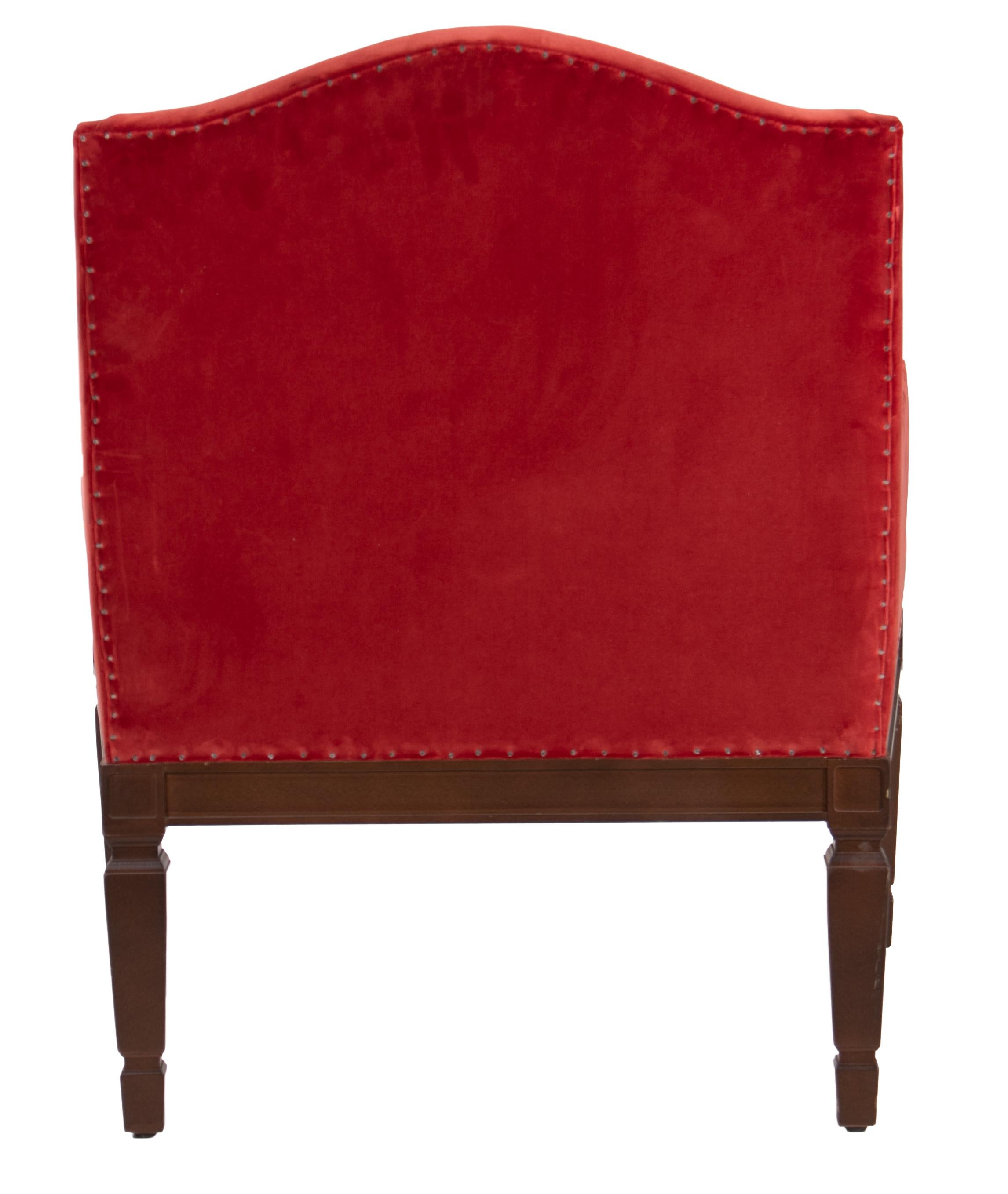 Velvet Set of Six Red Upholstered Wooden Armchairs