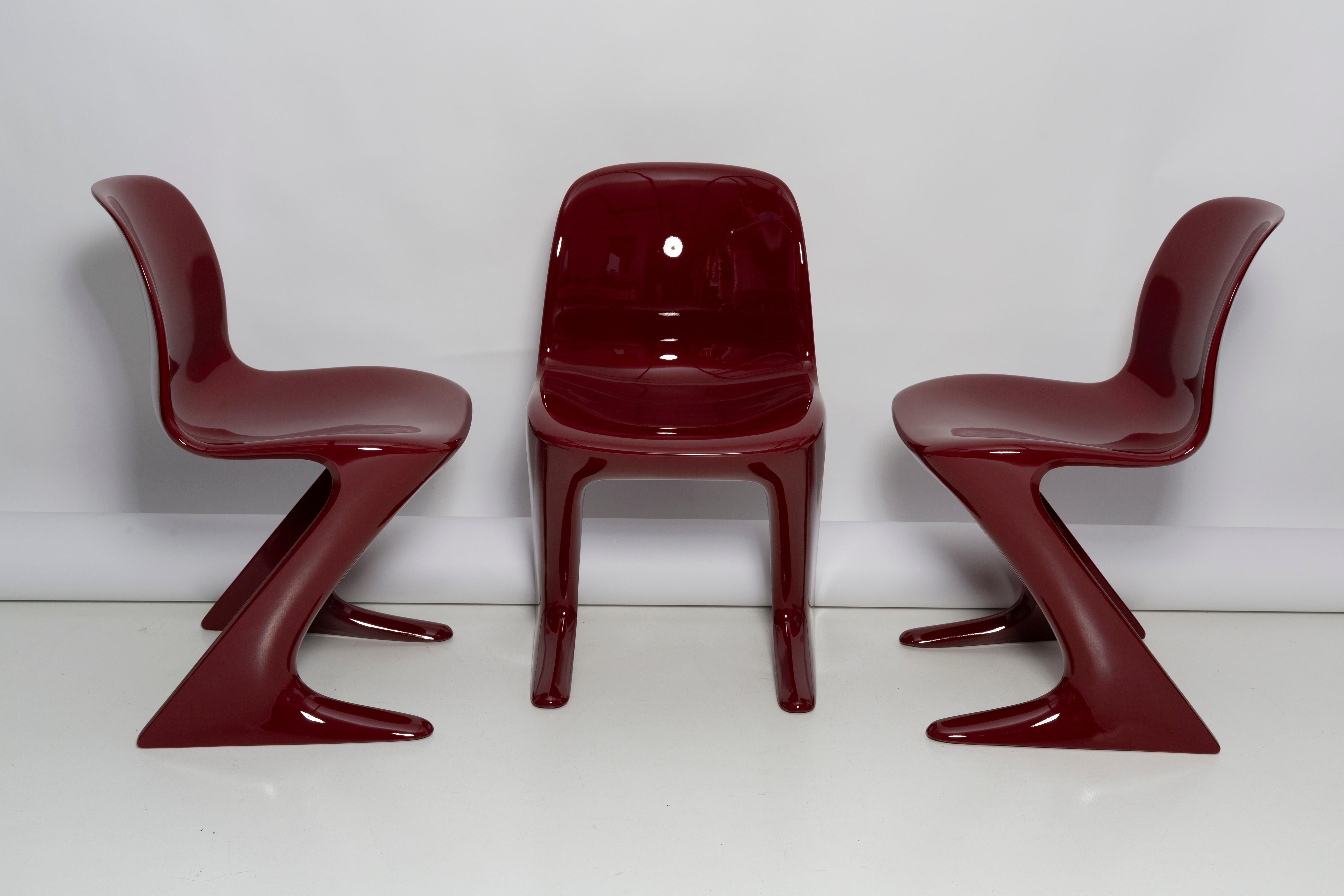 Lacquered Set of Six Red Wine Kangaroo Chairs Designed by Ernst Moeckl, Germany, 1968 For Sale