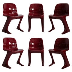 Vintage Set of Six Red Wine Kangaroo Chairs Designed by Ernst Moeckl, Germany, 1968