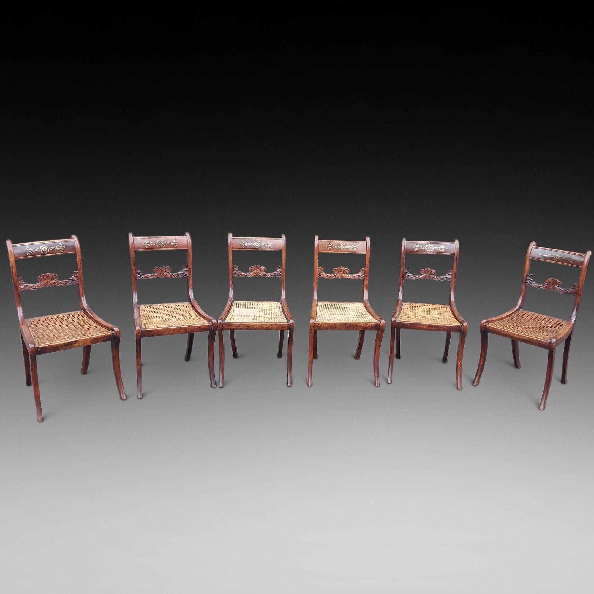 Set of Six Regency Brass Inlaid Faux Rosewood Dining Chairs - with bergere caned seats on front sabre legs - 18