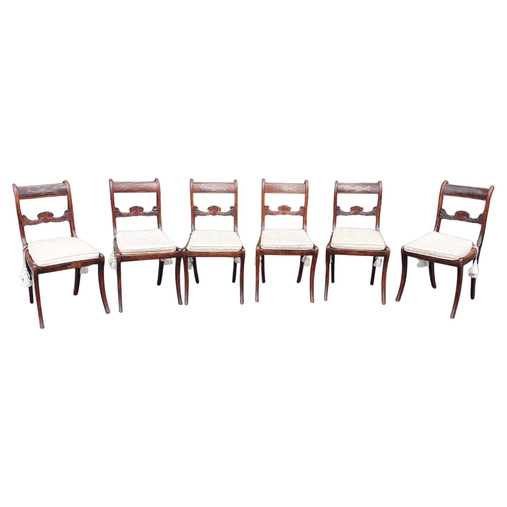 Set of Six Regency Brass Inlaid Faux Rosewood Dining Chairs