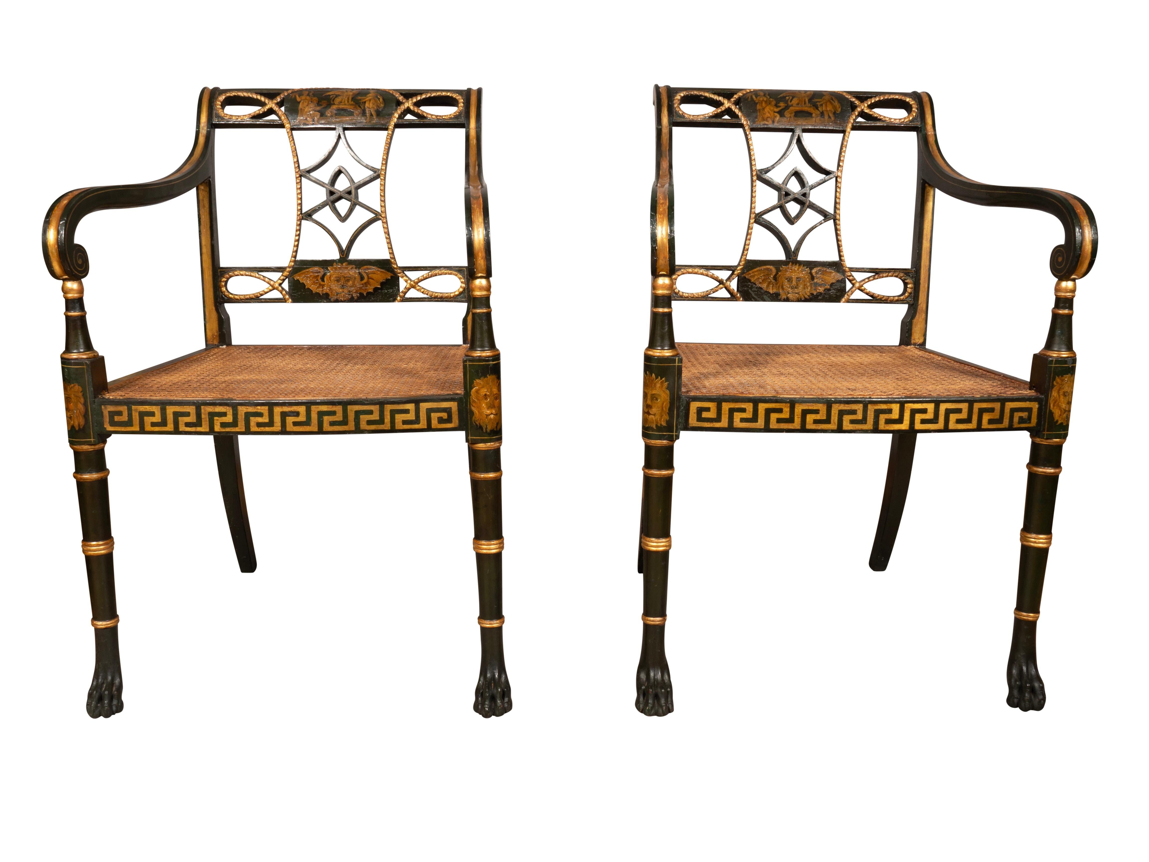 Set Of Six Regency Ebonized And Painted Armchairs 3