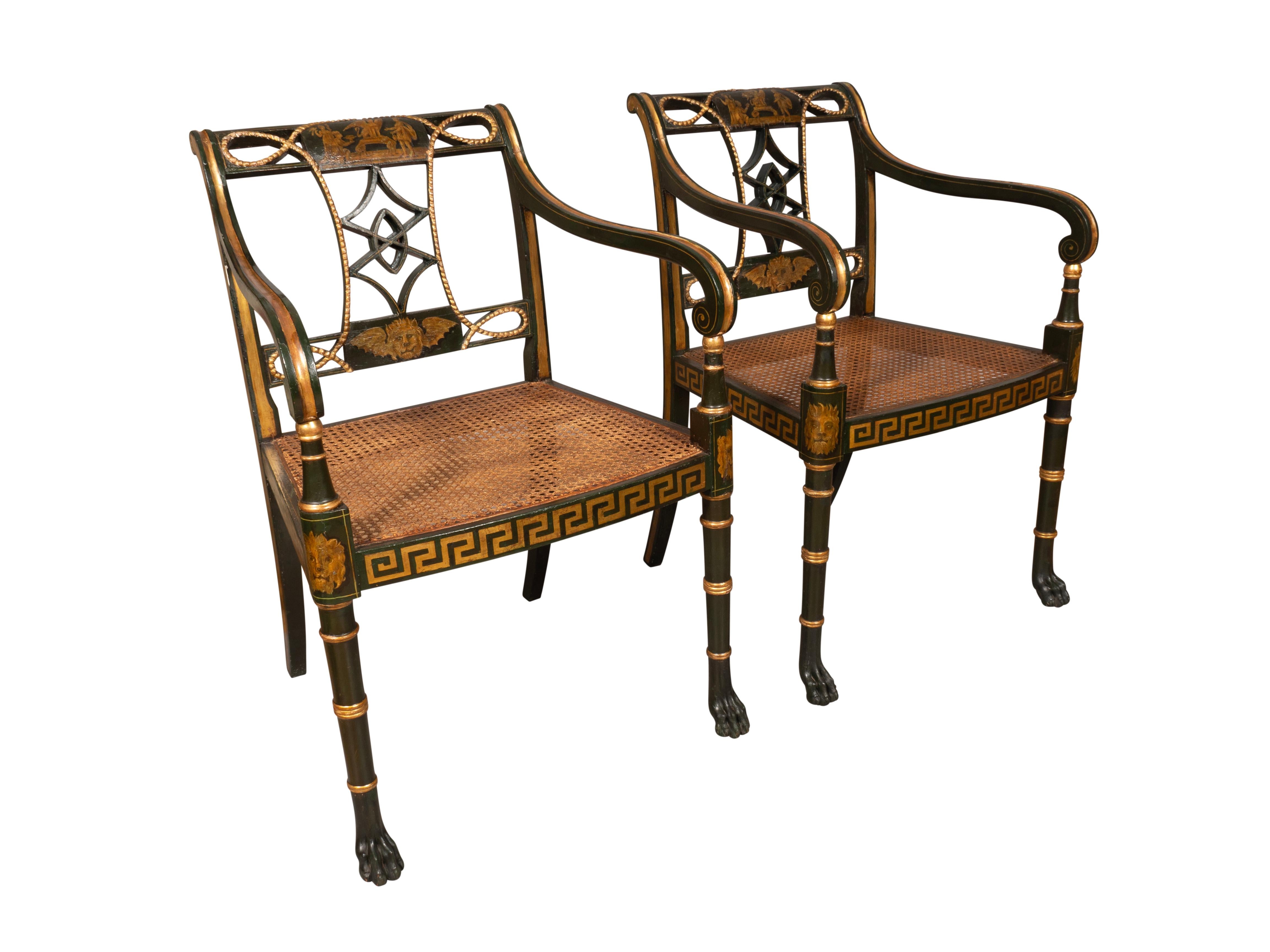 Set Of Six Regency Ebonized And Painted Armchairs 4