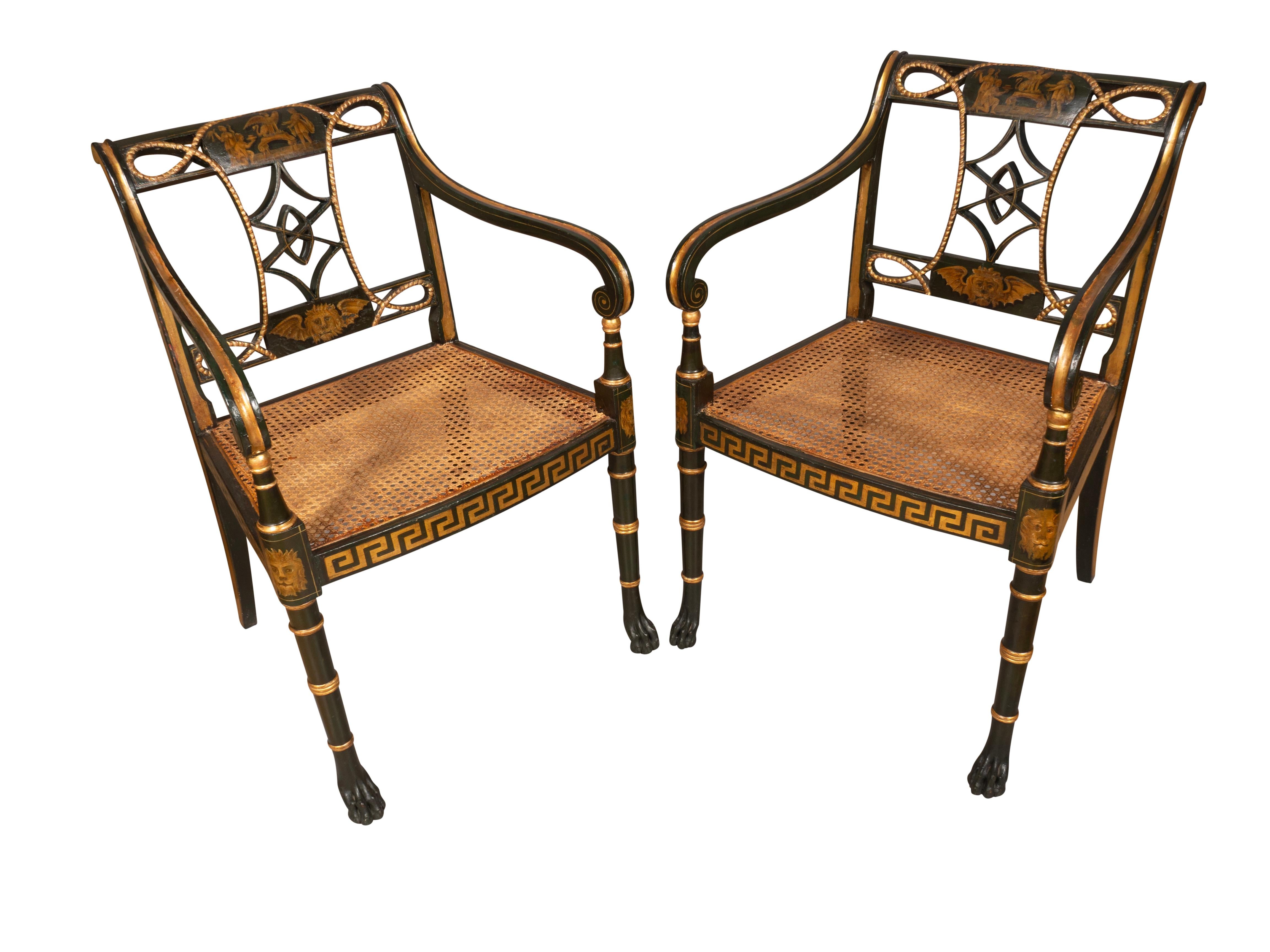 English Set Of Six Regency Ebonized And Painted Armchairs